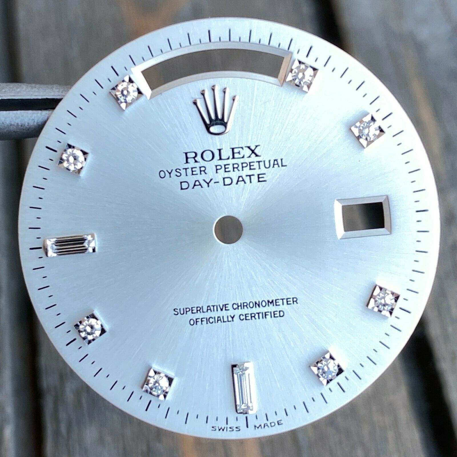 Original Rolex Day-Date 18K White Gold Silver Diamond Dial & Baguette Diamonds - luxuriantconcierge