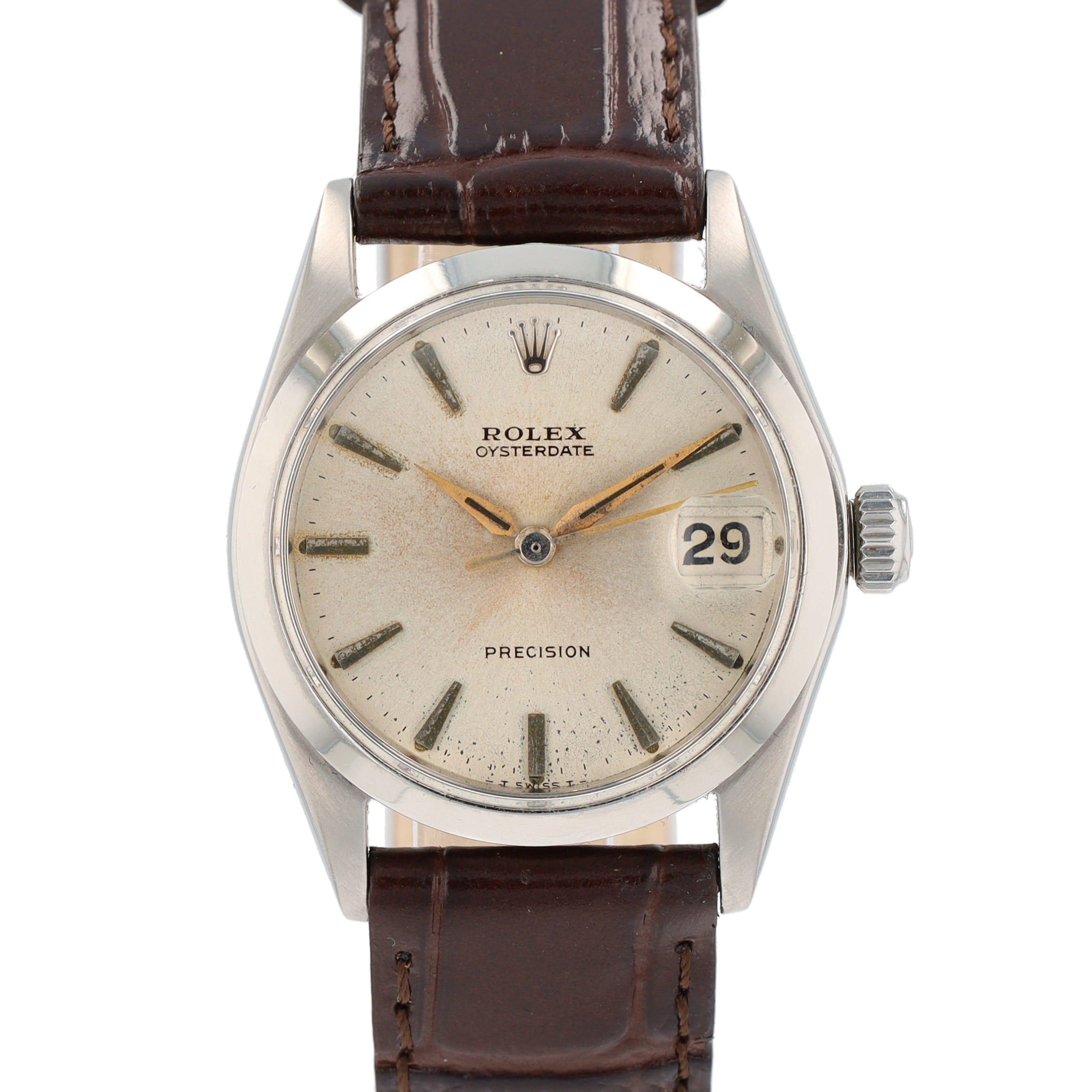Rolex  Oyster Date 6466 31mm Silver Dauphine  Dial Smooth Bezel Aftermarket Band - Luxuriant Concierge
