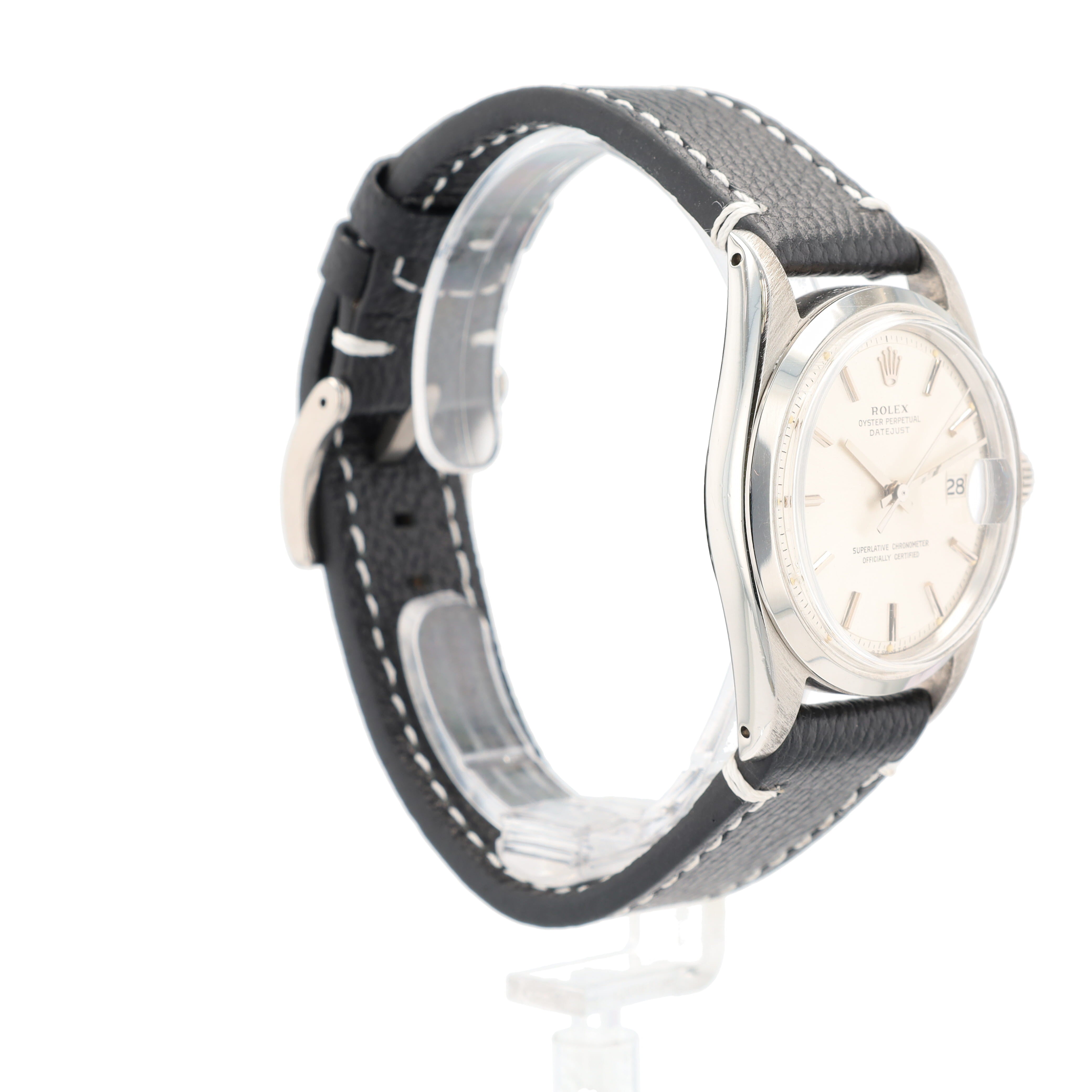 Rolex Datejust  1601 36mm Silver Black-line Index Dial Smooth Bezel AM Black Leather Band - Luxuriant Concierge