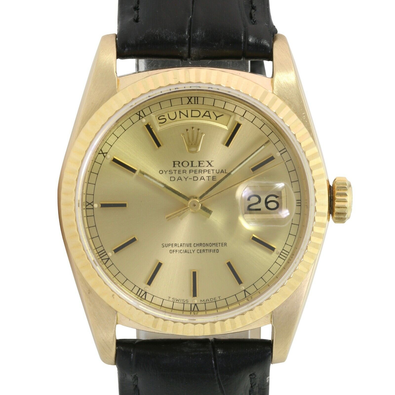 Rolex Day-Date Champagne Index Dial Black Leather 18038 - Luxuriant Concierge