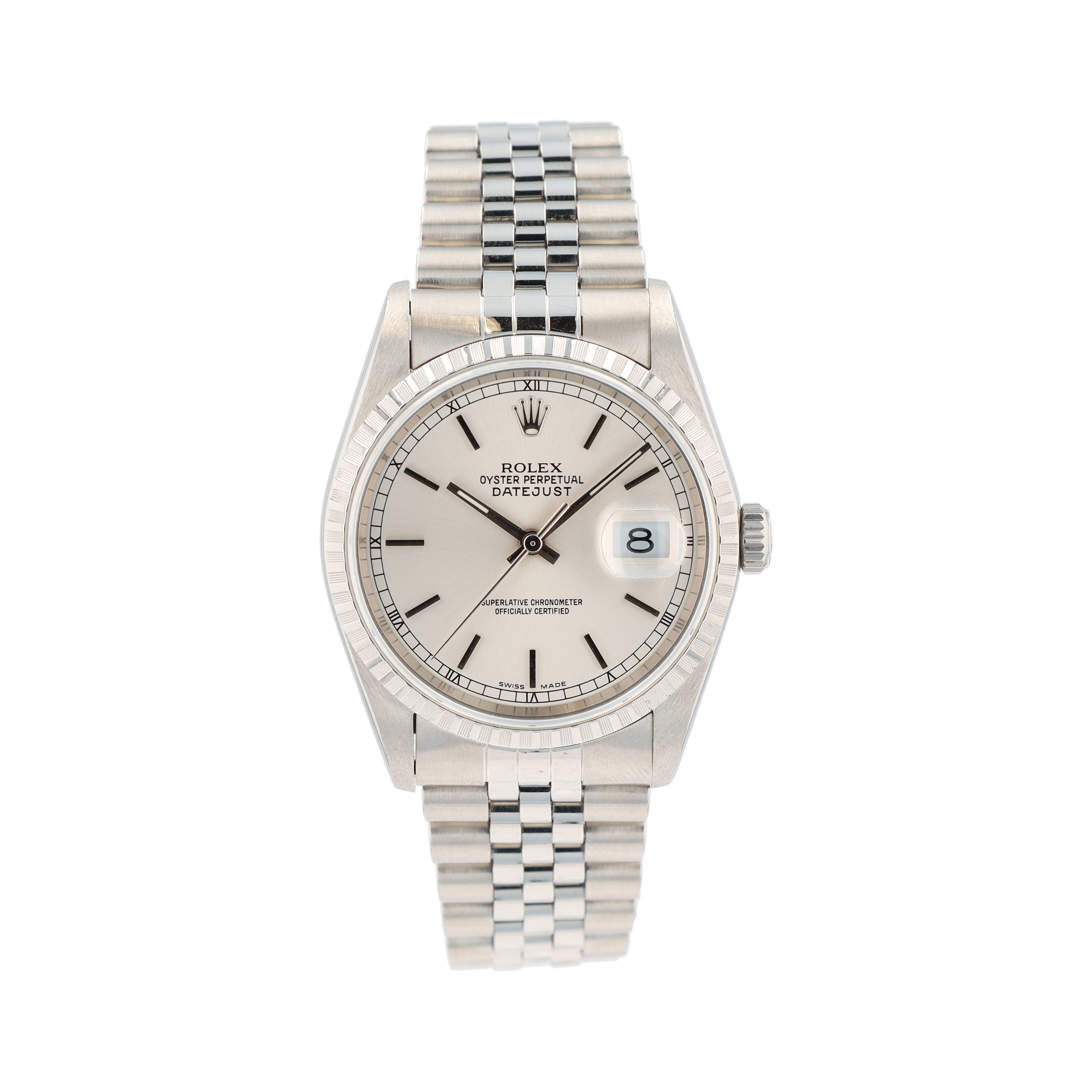 B&P Rolex Datejust 16220 36mm Silver Index w/roman Track Dial Engine-Turned Bezel Jubilee Band