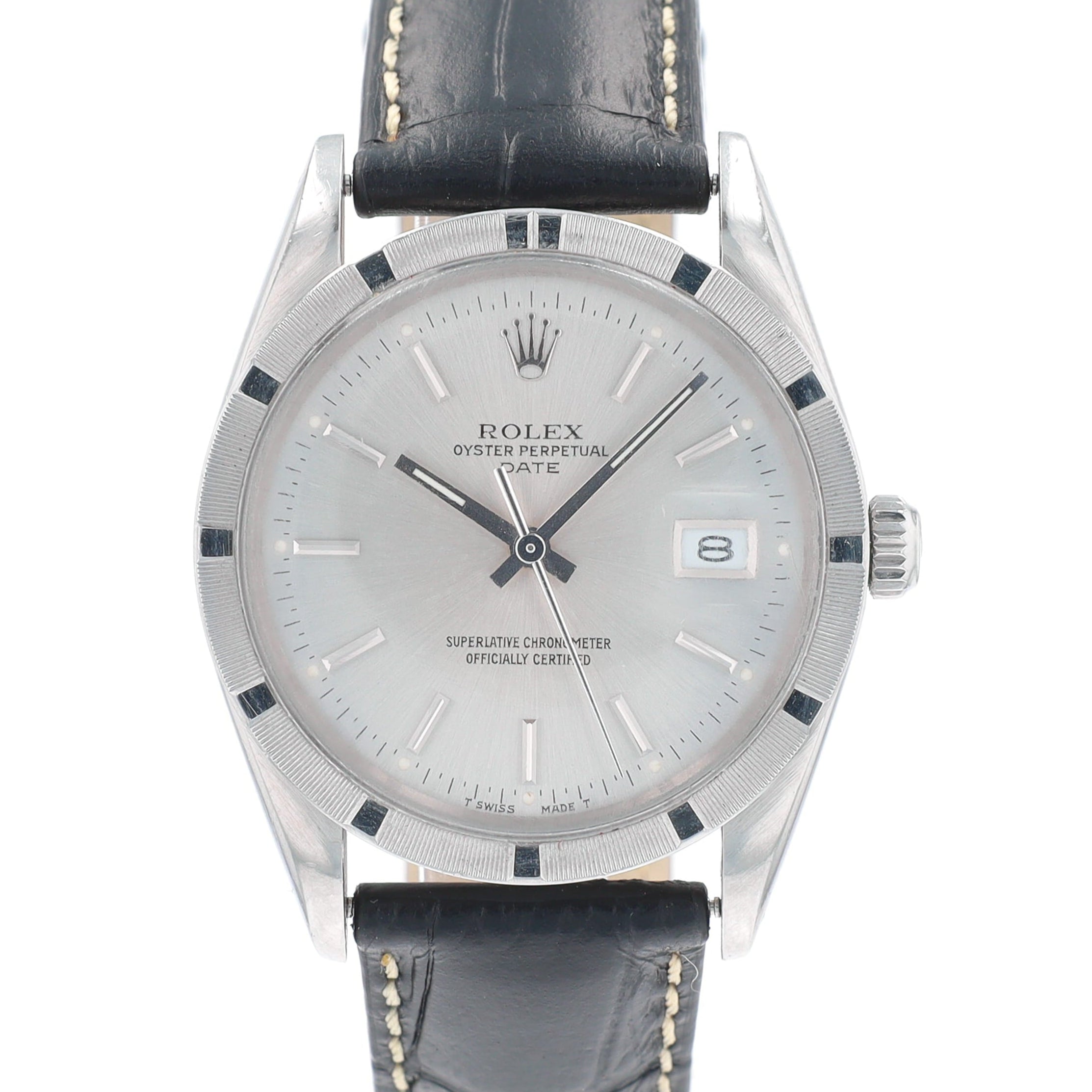 Rolex Date 15010 34mm Silver Index Dial Engine-Turned Bezel No Band Band - Luxuriant Concierge
