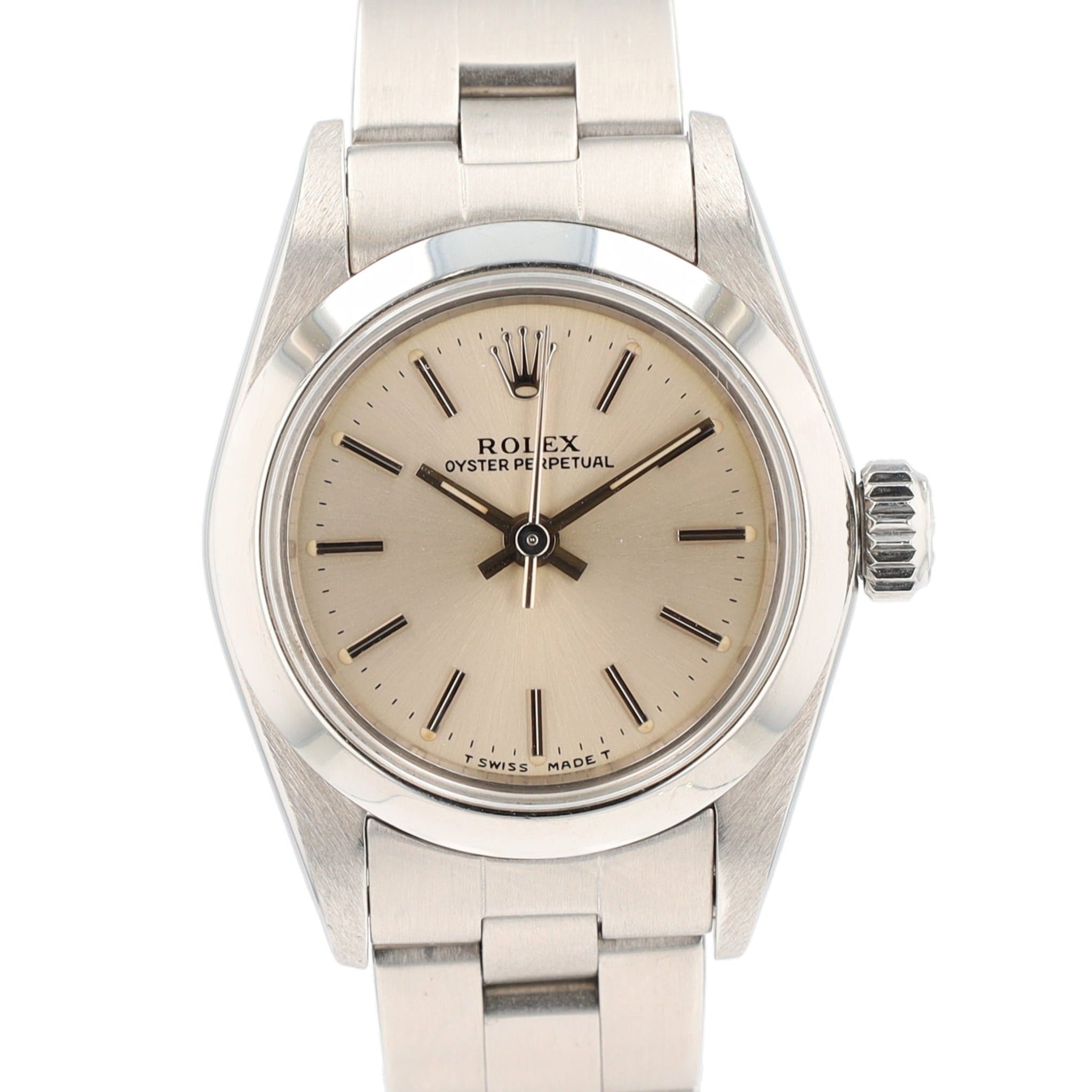 Rolex Oyster Perpetual 67180 24mm Silver Index Dial Smooth Bezel Oyster Band - Luxuriant Concierge