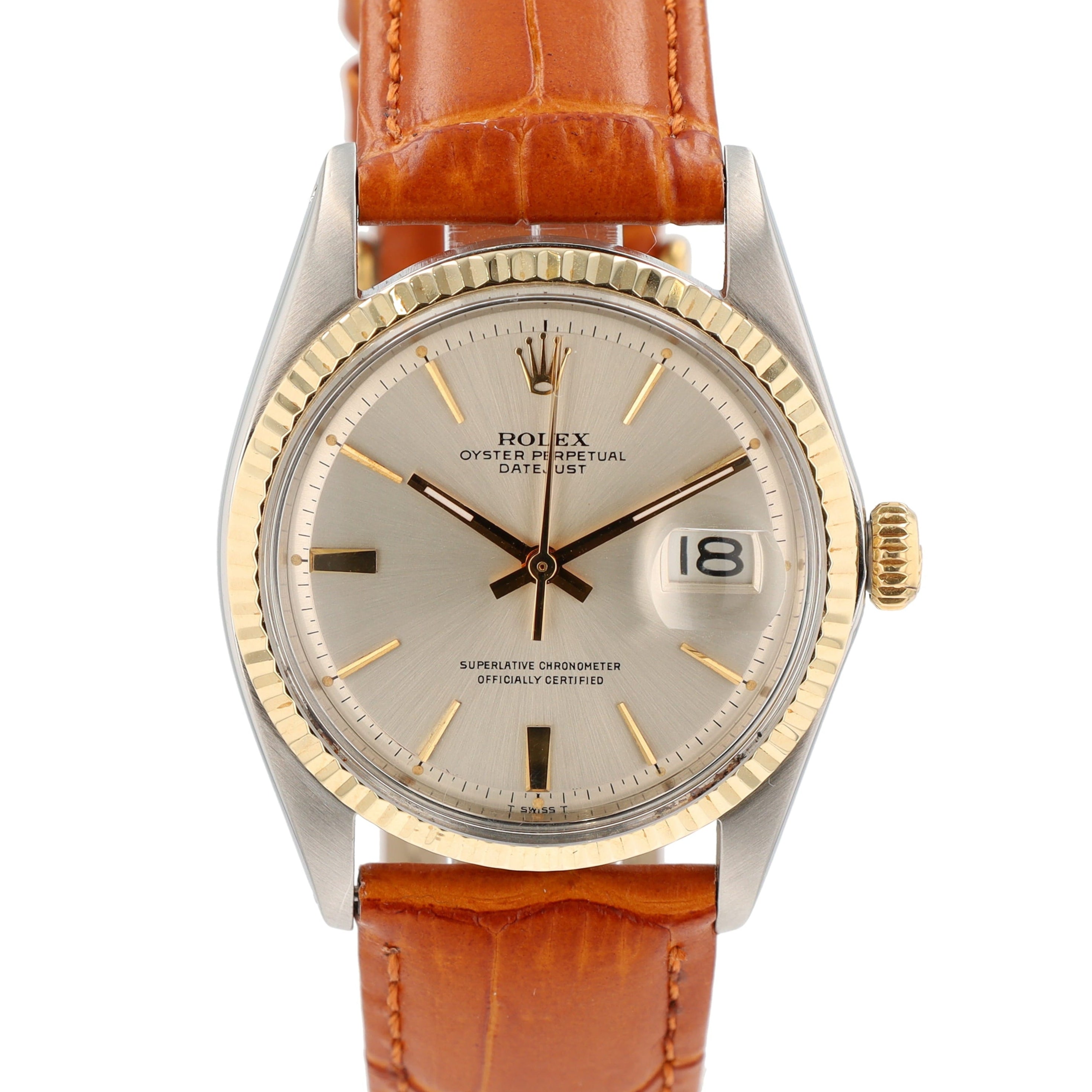 Rolex Datejust 1601 36mm Silver Index 8+2 Dial Fluted Bezel Brown Band - Luxuriant Concierge
