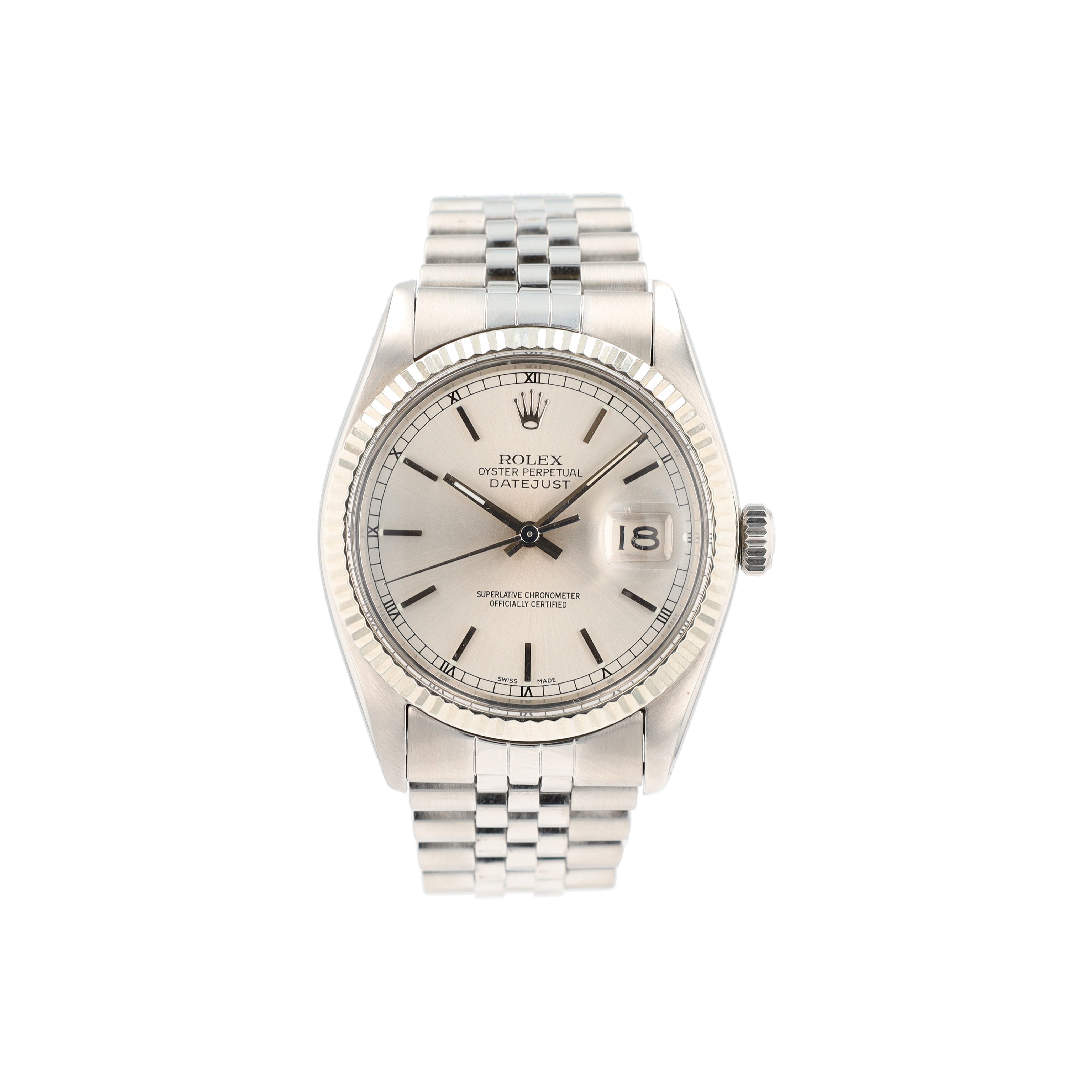 Rolex Datejust  16014 36mm Siler Index w/Roman Track Dial Fluted Bezel Jubilee Band