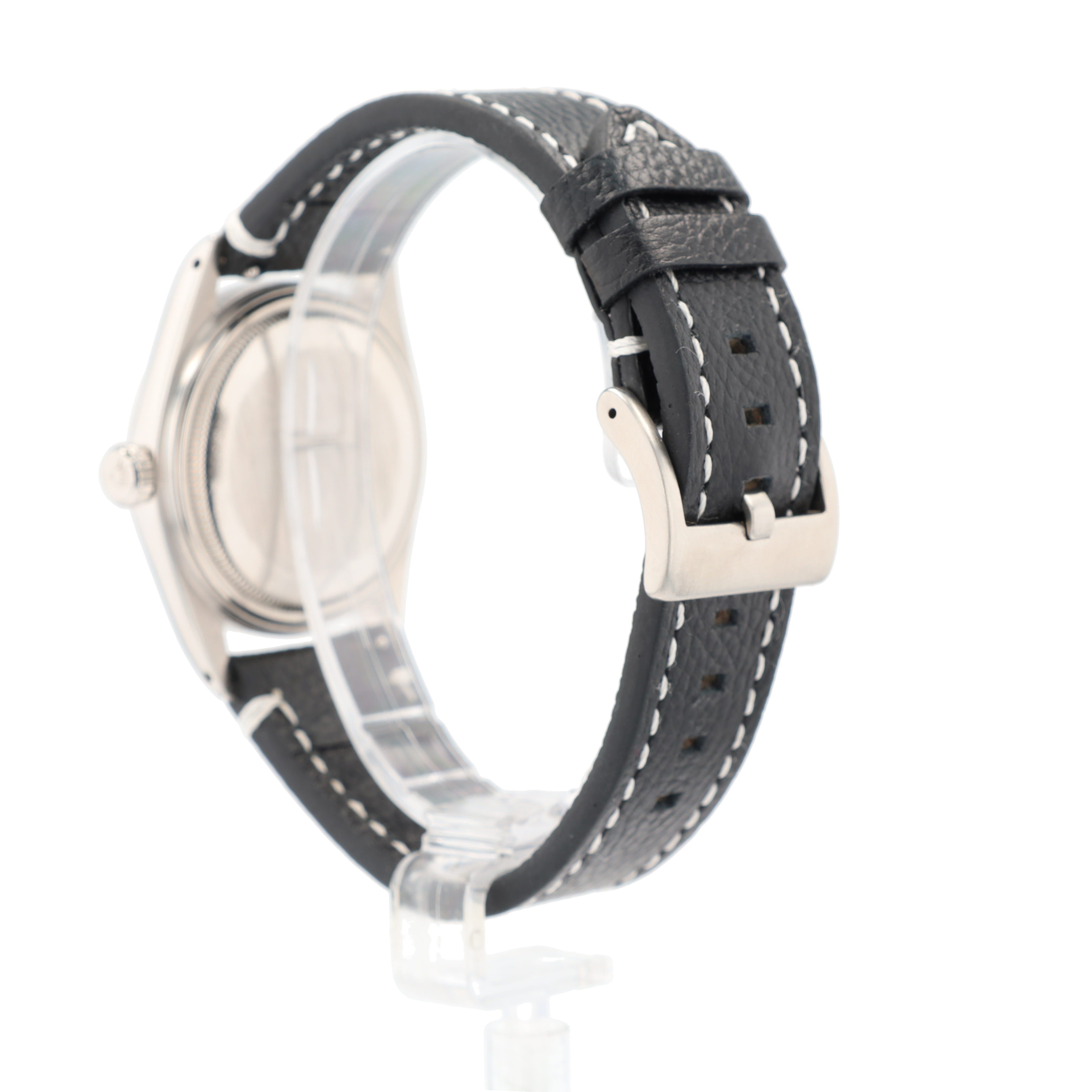 Rolex Datejust  1601 36mm Silver Black-line Index Dial Smooth Bezel AM Black Leather Band - Luxuriant Concierge