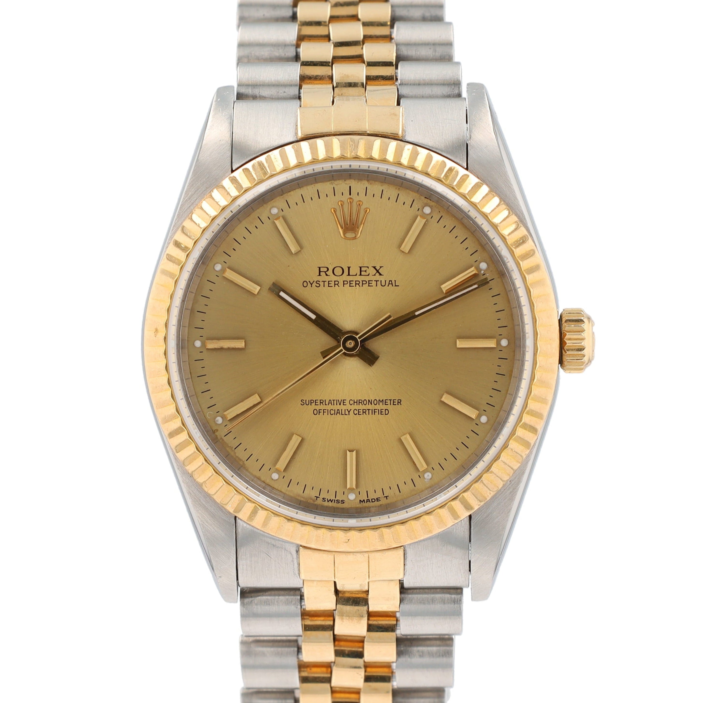 Rolex Oyster Perpetual 14233 36mm Champagne Index Dial  Bezel Jubilee Band - Luxuriant Concierge