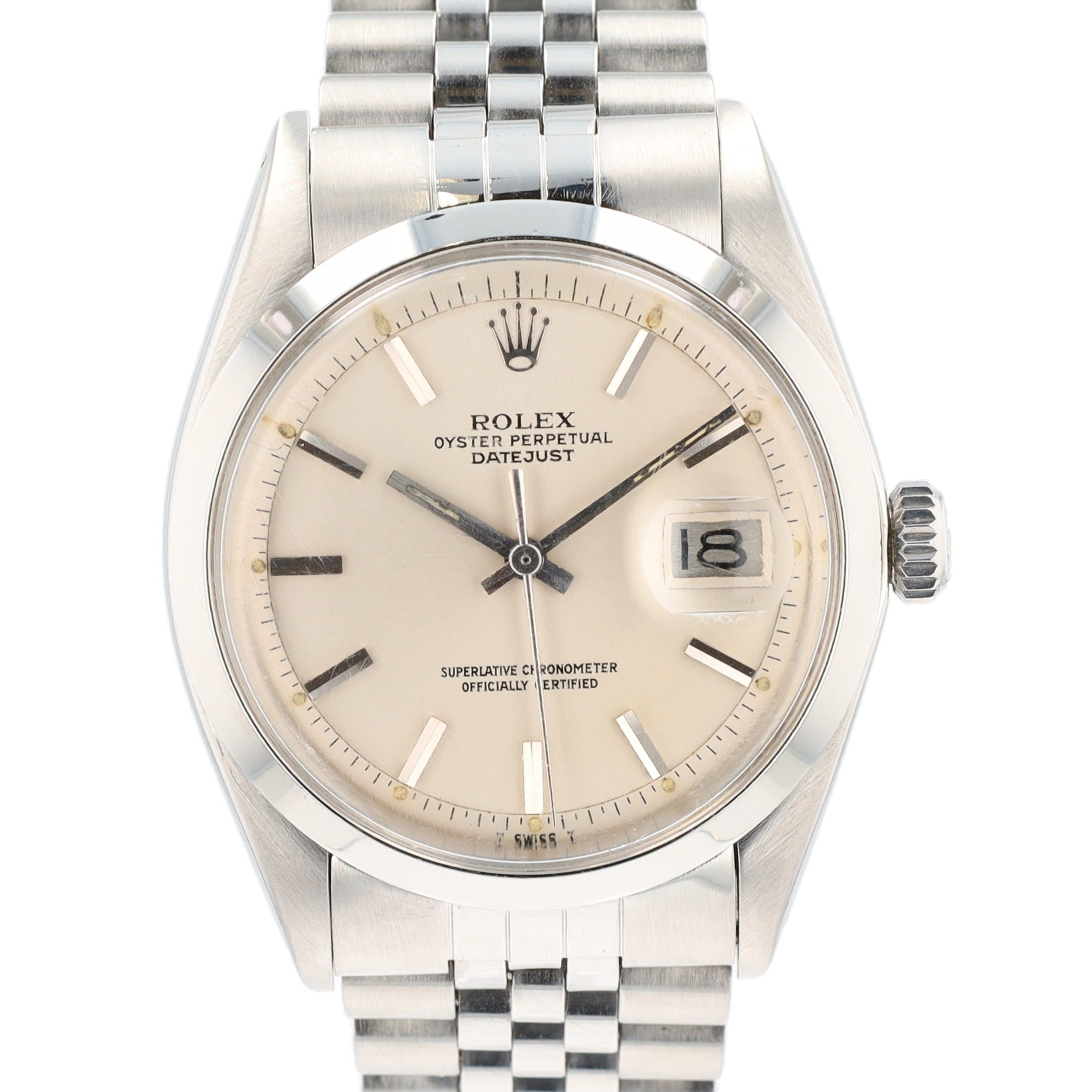 Rolex Datejust  1600 36mm Silver Curved Index Dial Smooth Bezel Jubilee Band - Luxuriant Concierge