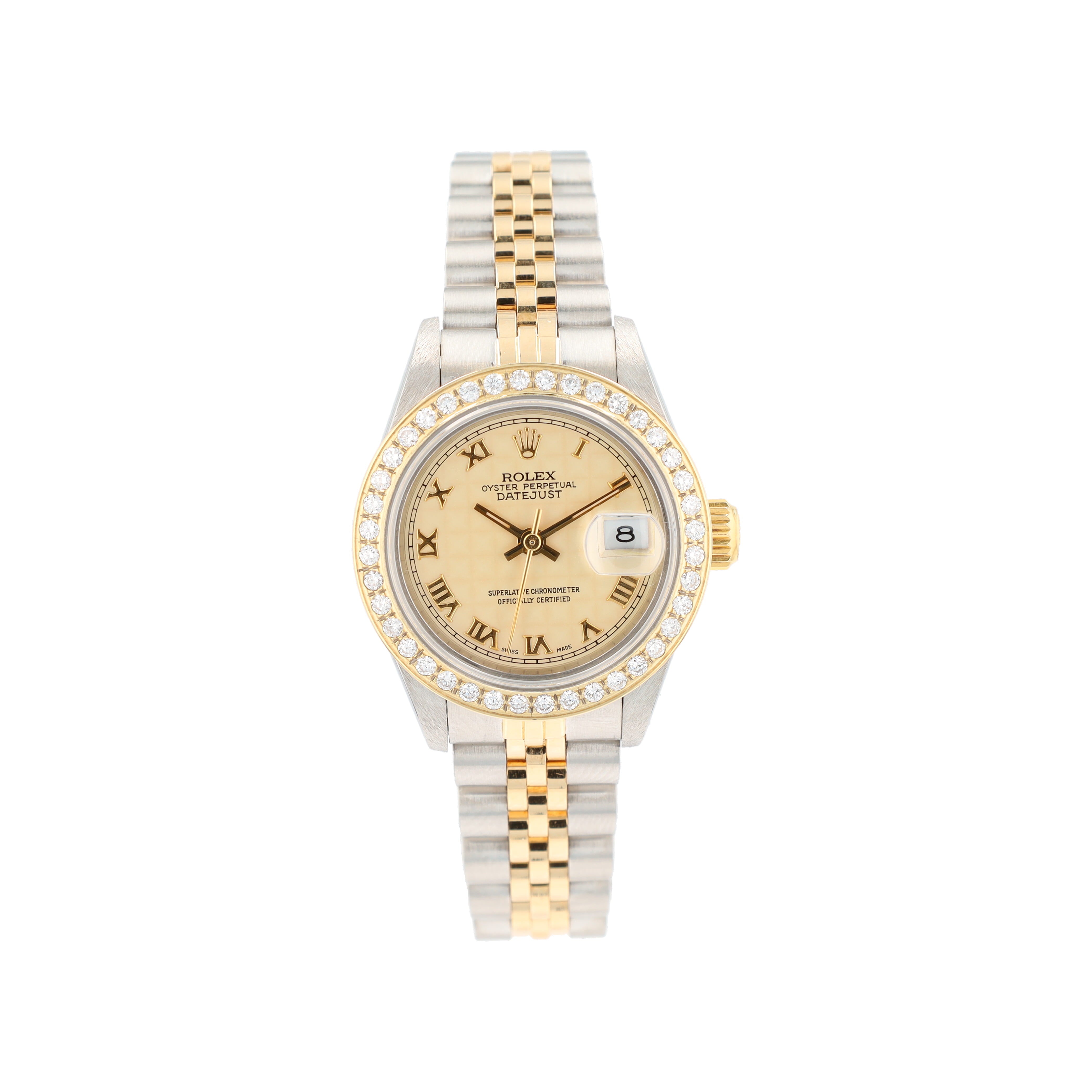 B&P Rolex Datejust 69173 26mm Cream Pyramid Roman Numeral Dial Diamonds Bezel Jubilee Band