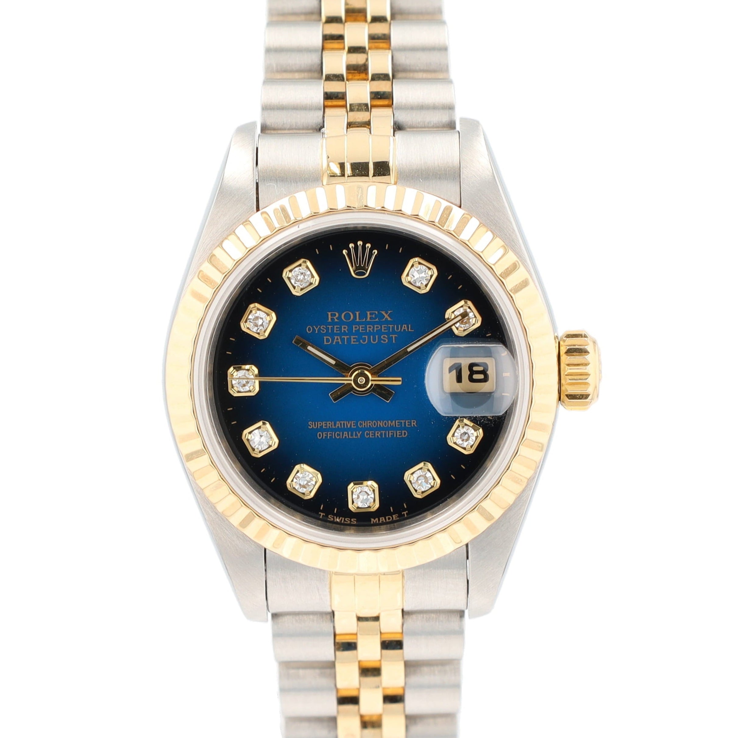 Rolex Datejust  69173 26mm Blue Vignette Diamonds (N.S) Dial Fluted Bezel Jubilee Band - Luxuriant Concierge