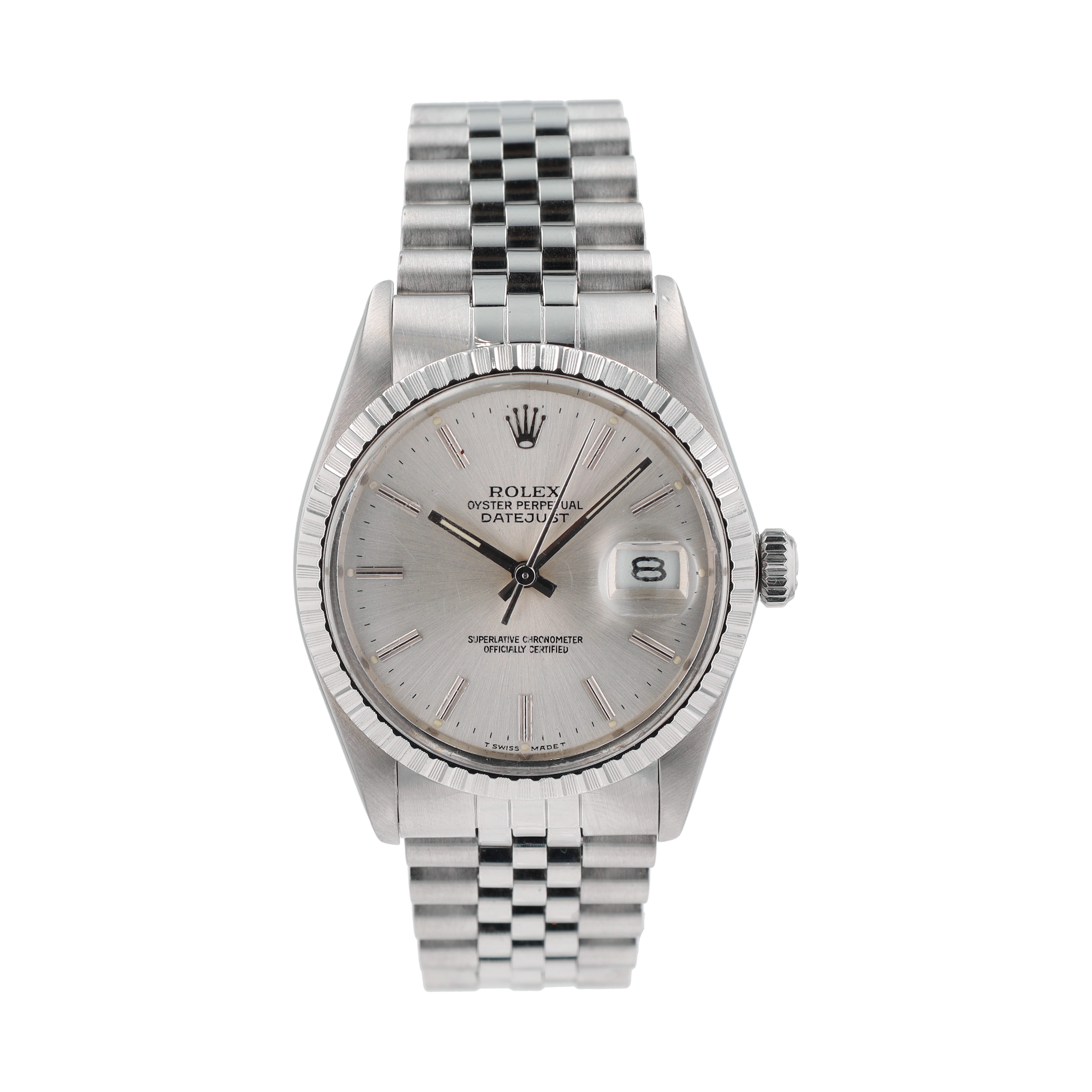 Rolex Datejust  16030 36mm Silver Stacked Index Dial Engine-Turned Bezel Jubilee Band