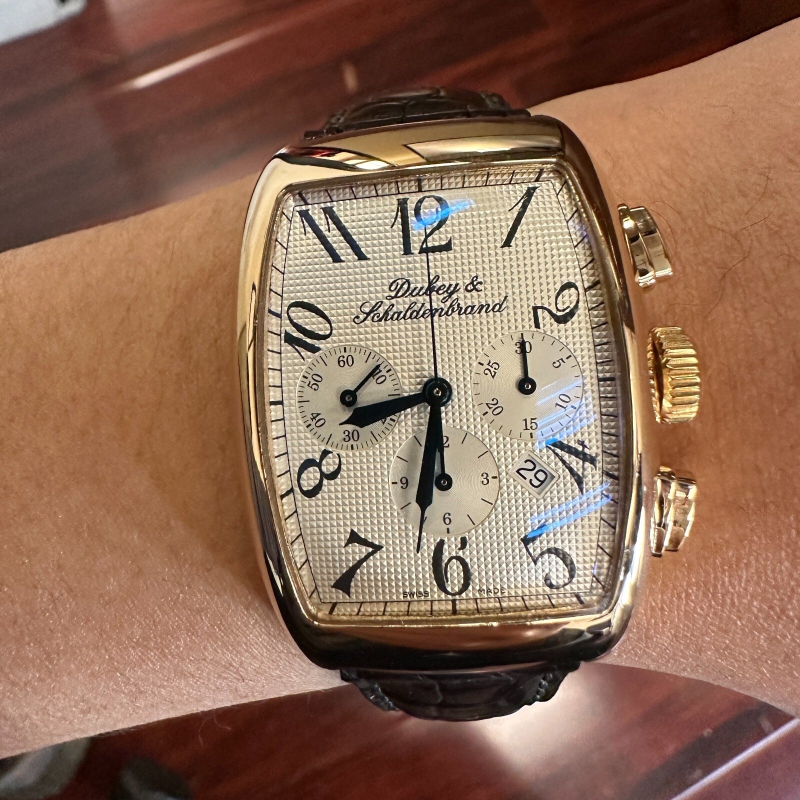 Dubery & Schaldenbrand Aerochrono Cream Dial 18K Yellow Gold Bezel Leather Band