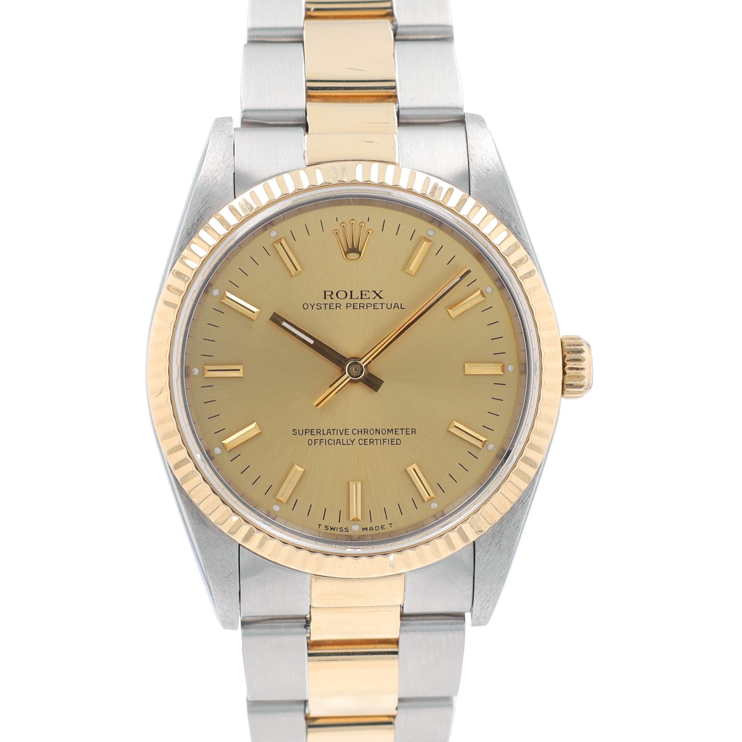 Rolex Oyster Perpetual 14233 34mm Champagne Index Dial Fluted Bezel Band - Luxuriant Concierge