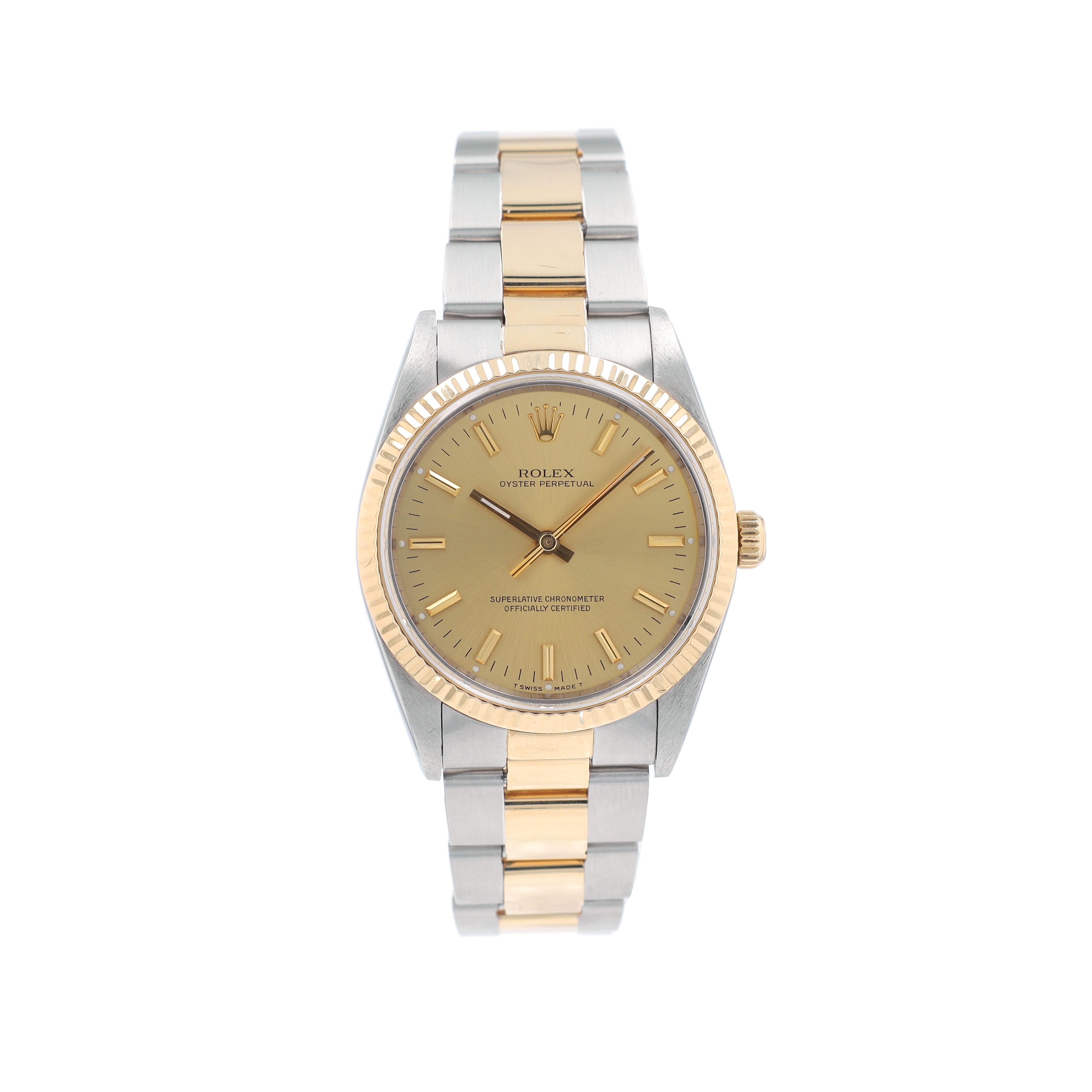 Rolex Oyster Perpetual 14233 34mm Champagne Index Dial Fluted Bezel  Band