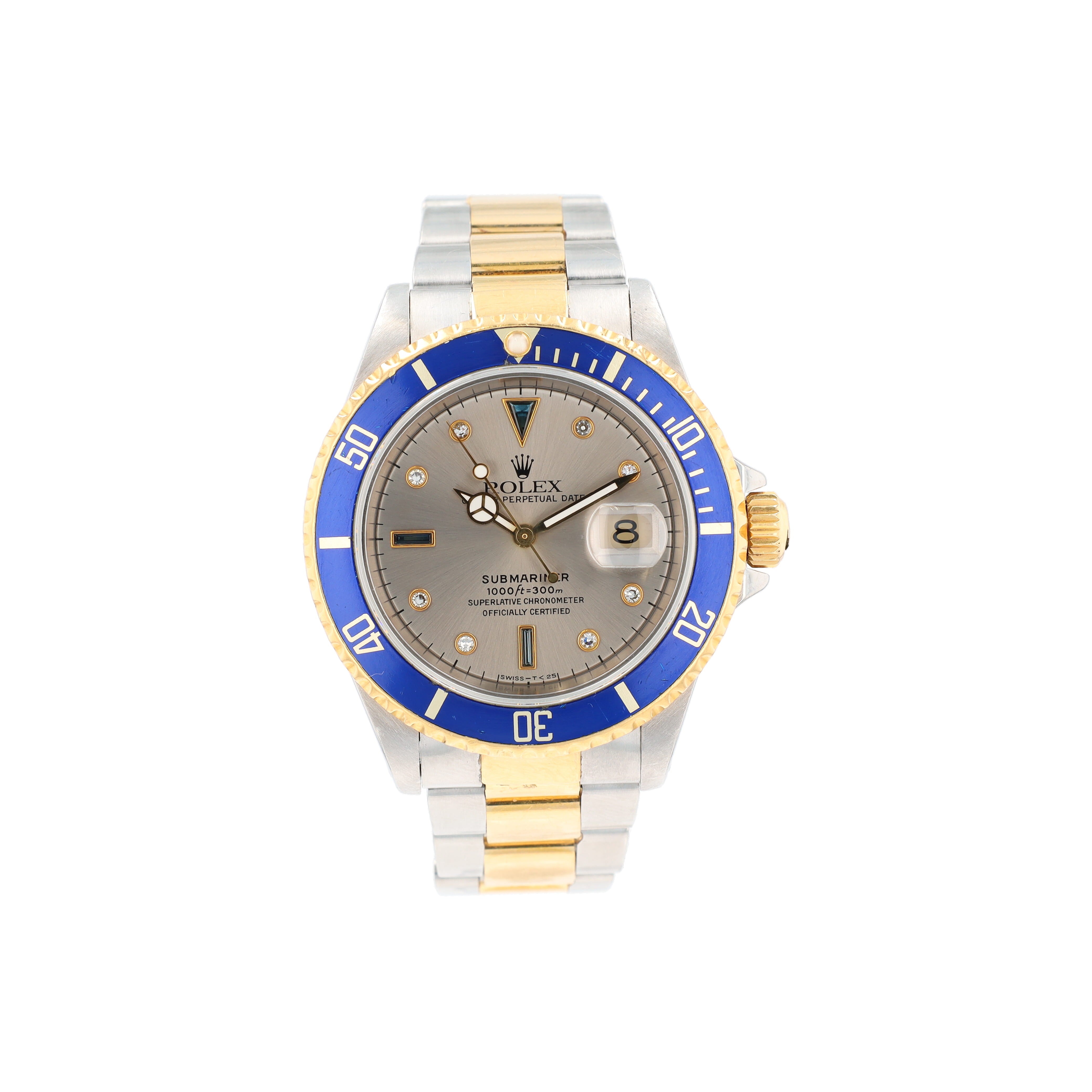 B&P Rolex Submariner 16613 40mm Grey Serti 8+2 Sapphire Baguette Dial Rotating Bezel with Blue Insert Bezel Oyster Band