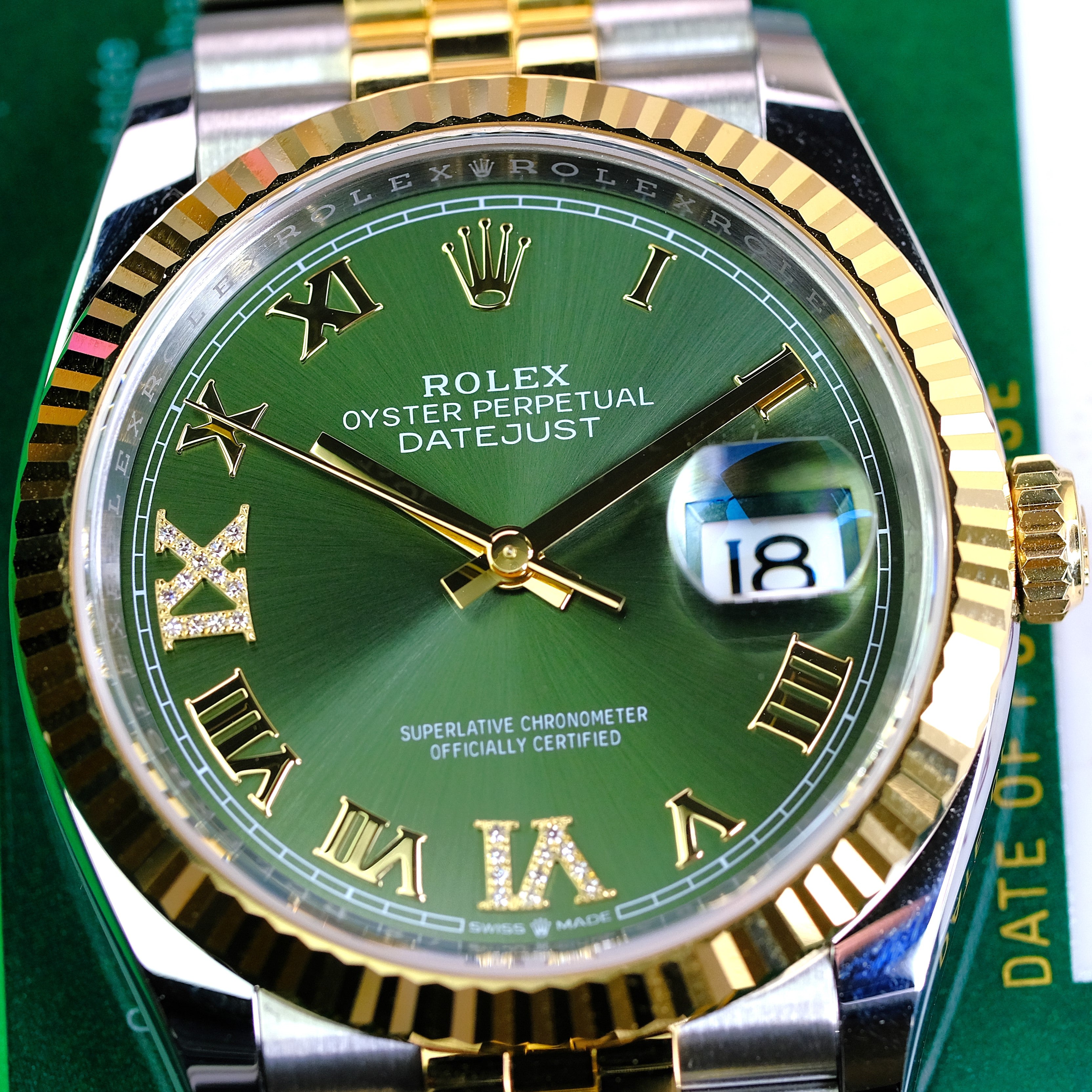 Box & Paper Rolex Datejust 126233 Green Diamond Roman Dial 36mm Fluted Bezel Jubilee Band