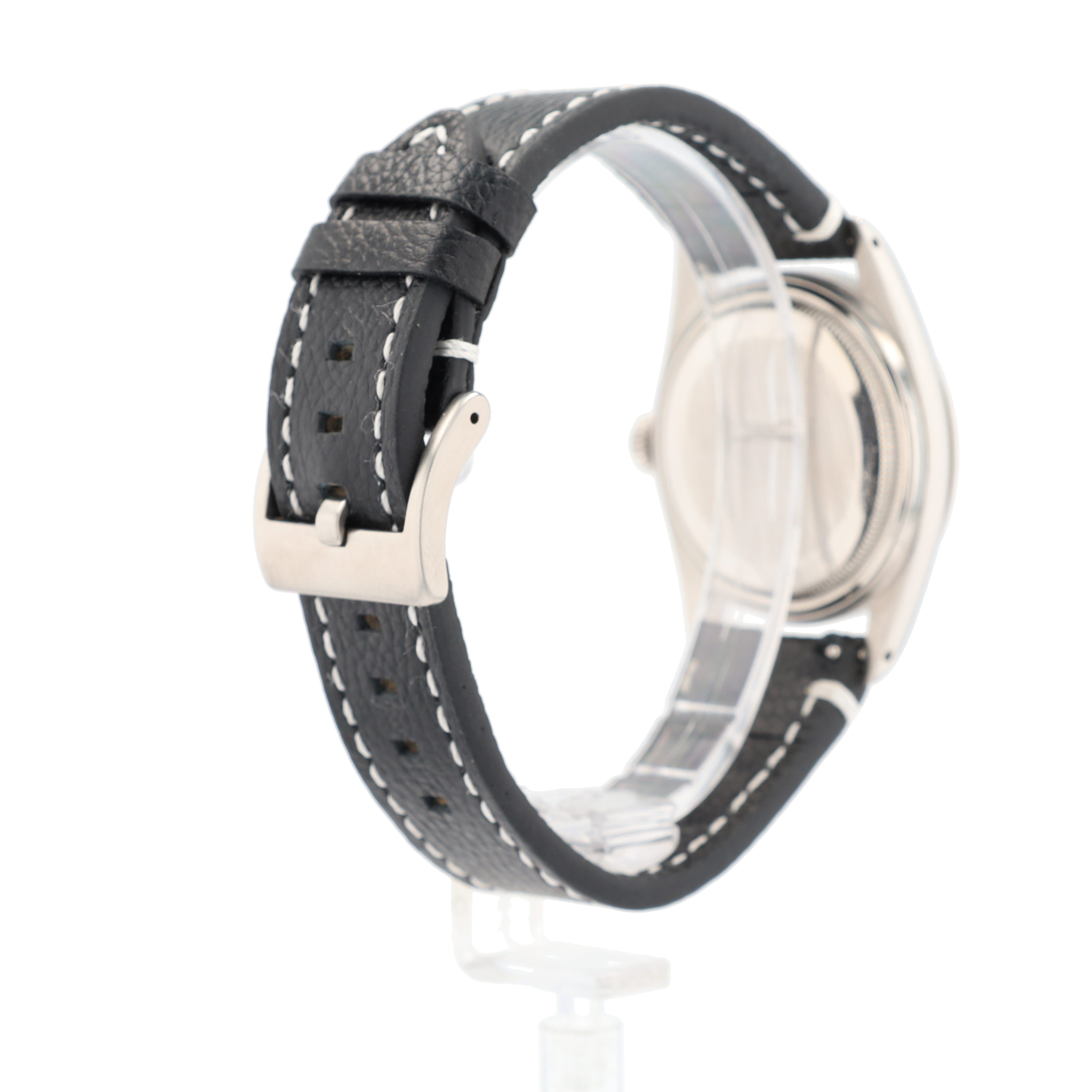 Rolex Datejust  1601 36mm Silver Black-line Index Dial Smooth Bezel AM Black Leather Band - Luxuriant Concierge