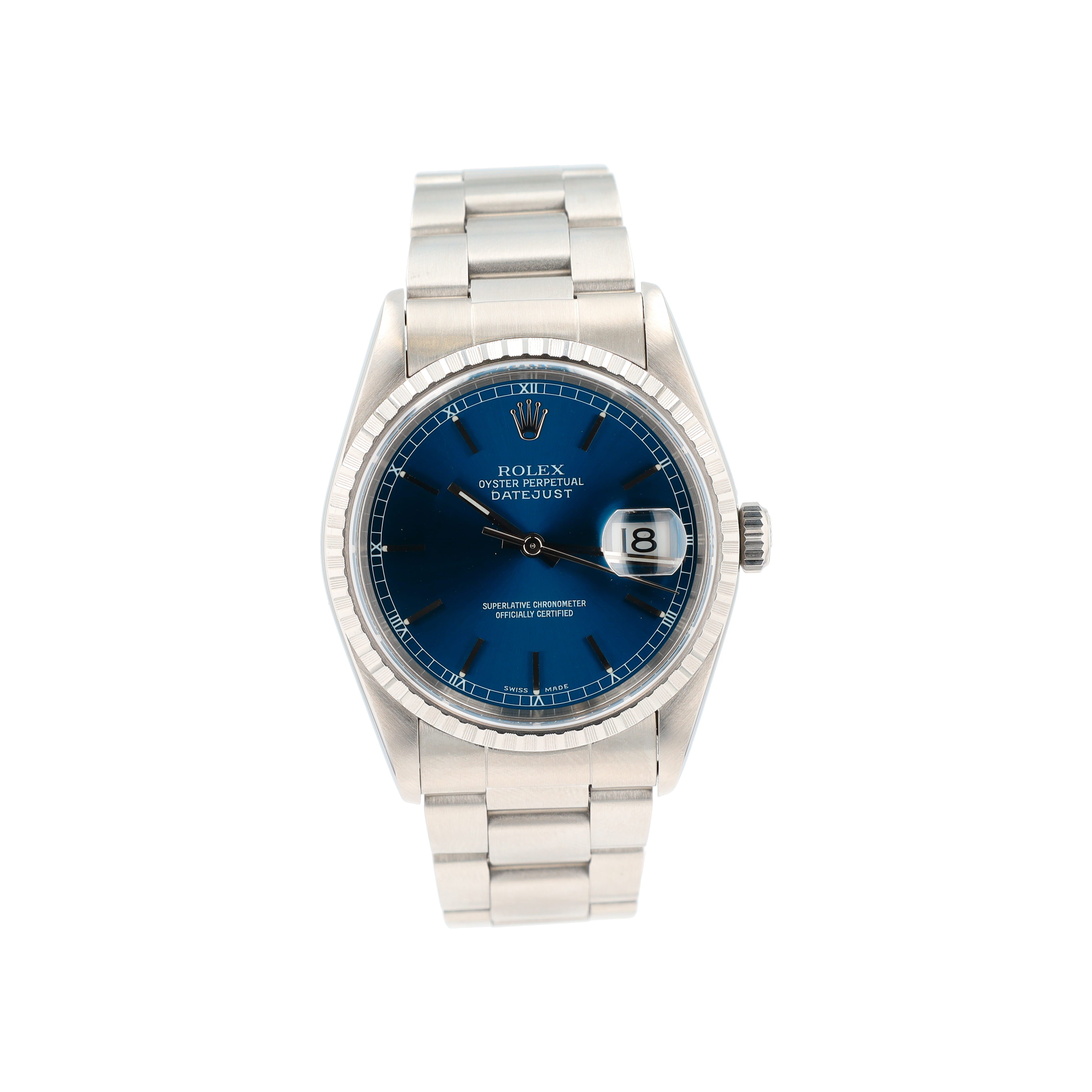 Rolex Datejust  16220 36mm Blue Index w/roman track Dial Engine-Turned Bezel Oyster Band