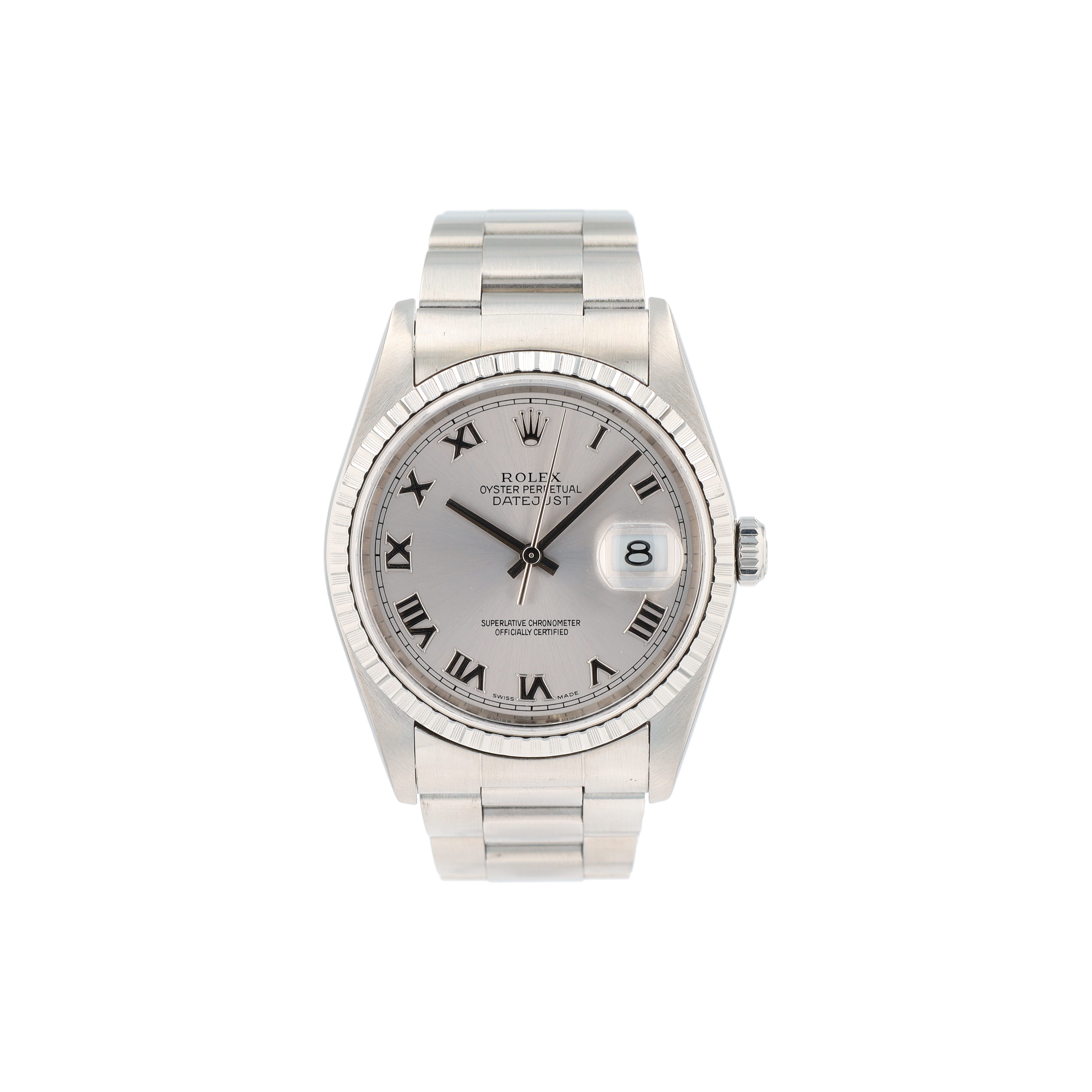 Rolex Datejust  16220 36mm Silver Roman Numeral Dial Engine-Turned Bezel Oyster Band