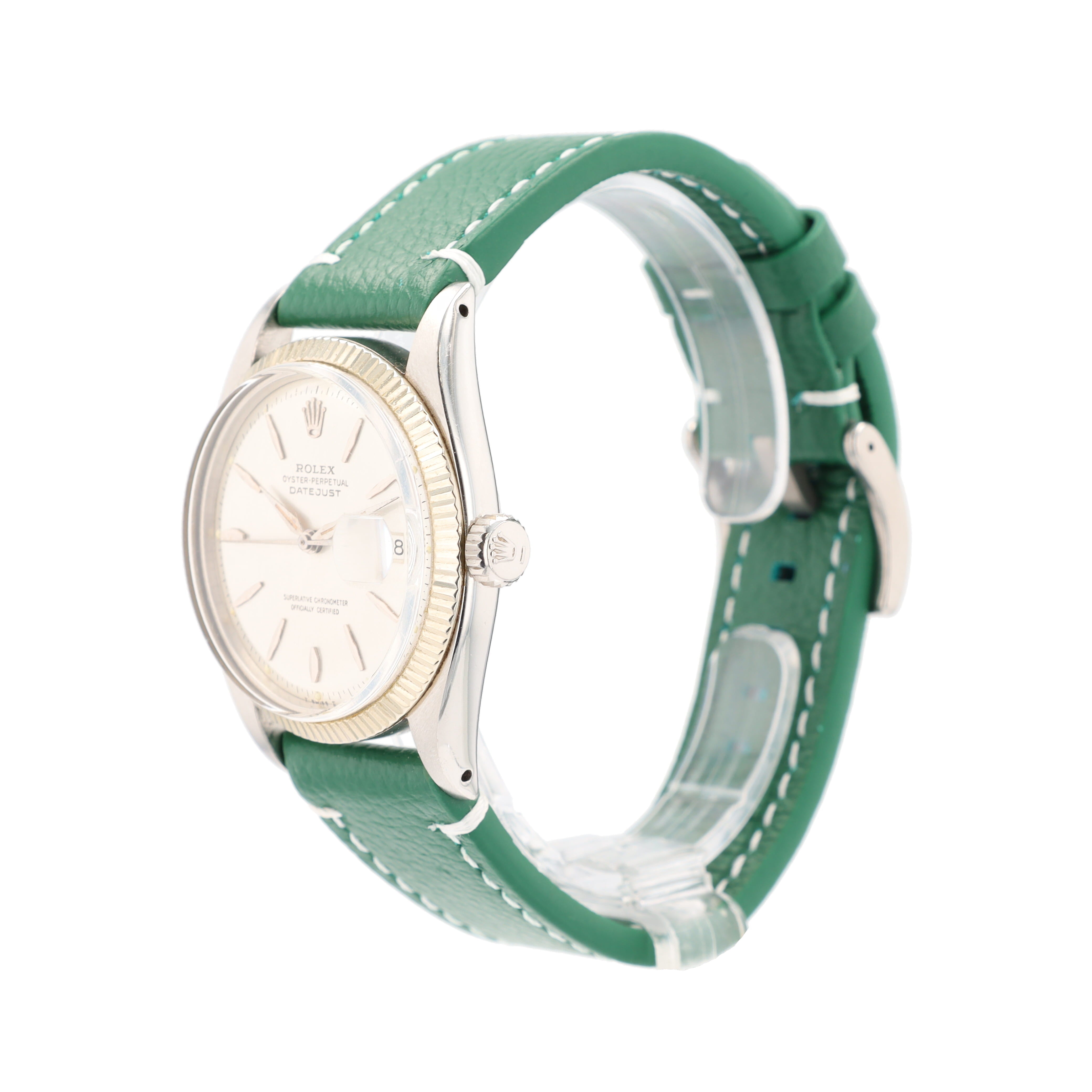 Rolex Datejust  1601 36mm Silver Dauphine 8+2 Pointed Index Dial Fluted Bezel AM Green Leather Band