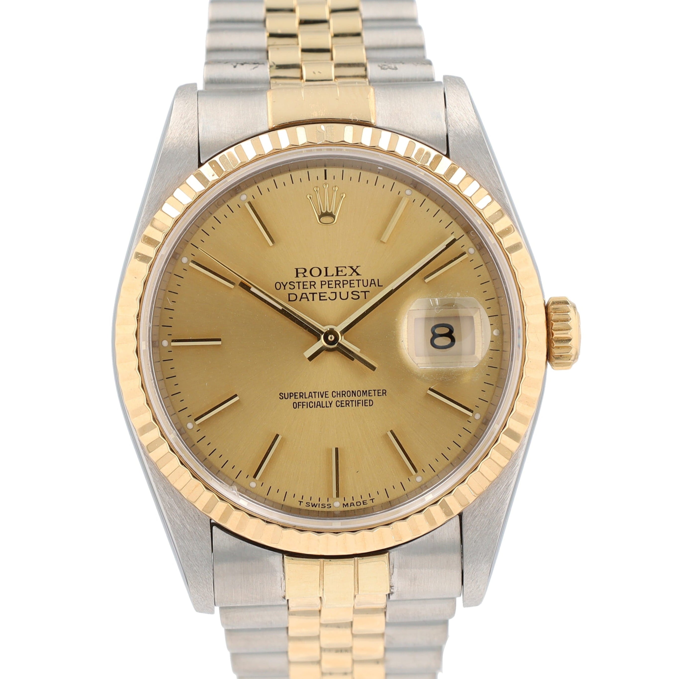 Rolex Datejust 16233 36mm Champagne Index Dial Fluted Bezel Jubilee Band - Luxuriant Concierge