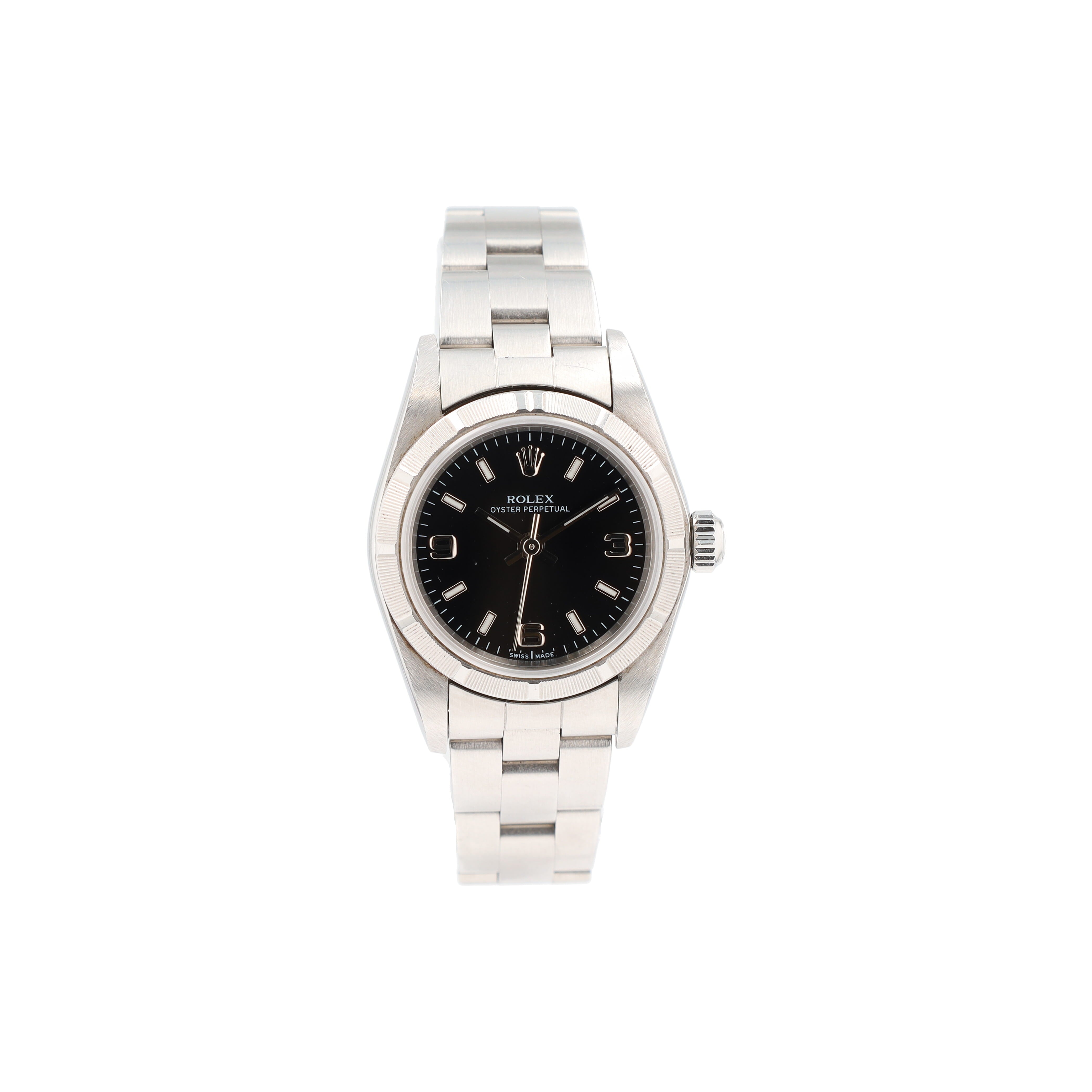 Rolex Oyster Perpetual 76030 25mm Black Index & Arabic Dial Engine-Turned Bezel Oyster Band