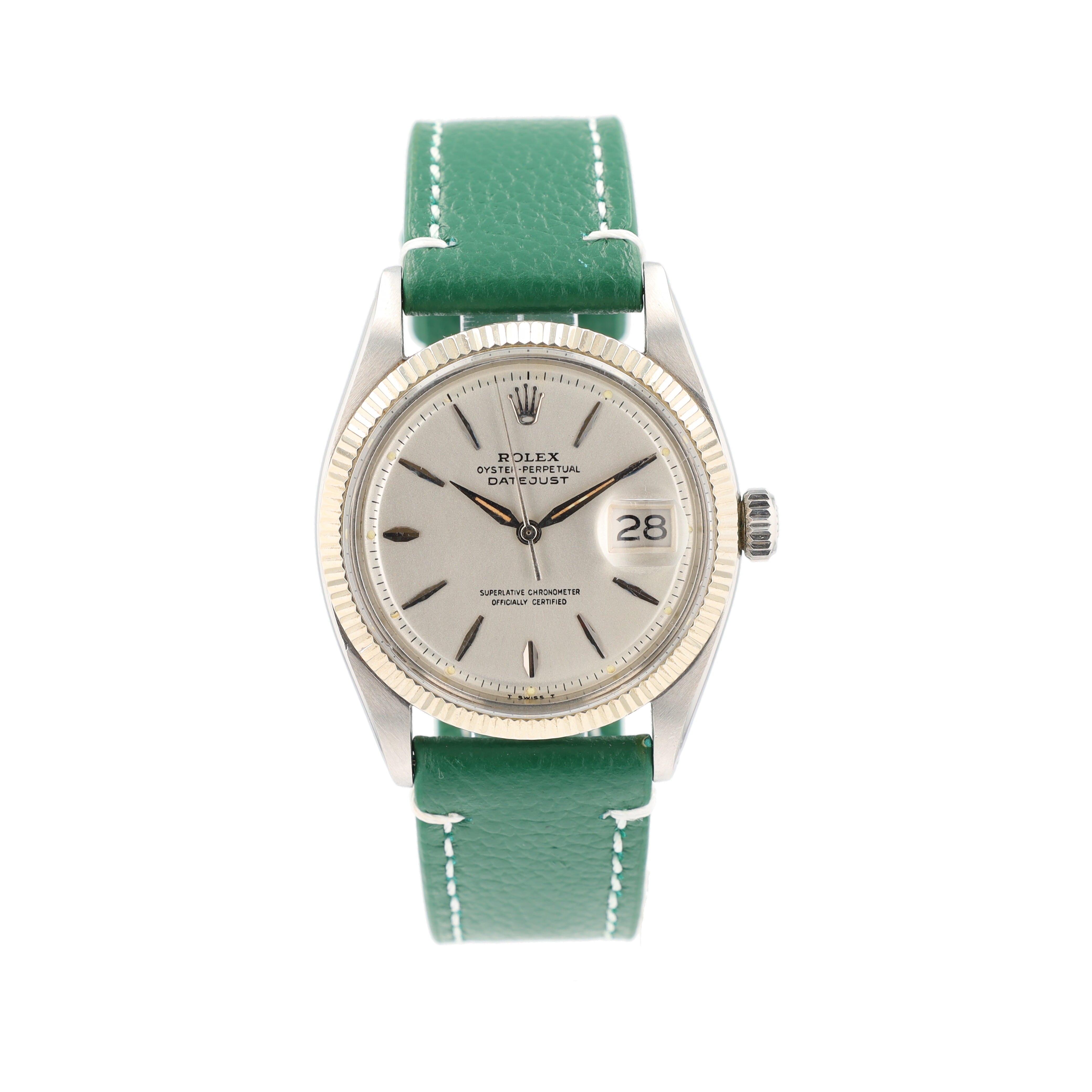 Rolex Datejust  1601 36mm Silver Dauphine 8+2 Pointed Index Dial Fluted Bezel AM Green Leather Band