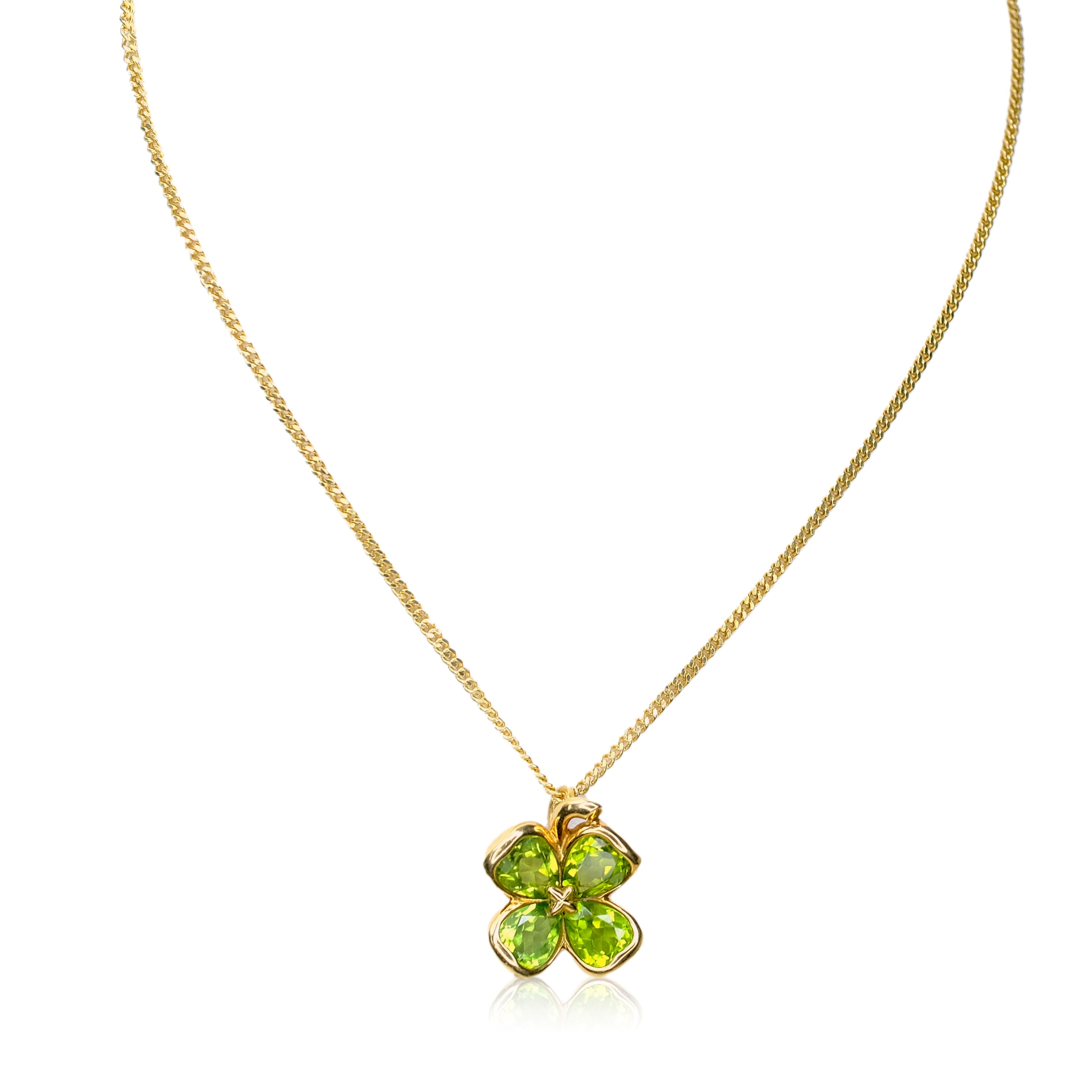 CHANEL 18K YELLOW GOLD PERIDOT CLOVER PENDANT CUBAN CHAIN - Luxuriant Concierge