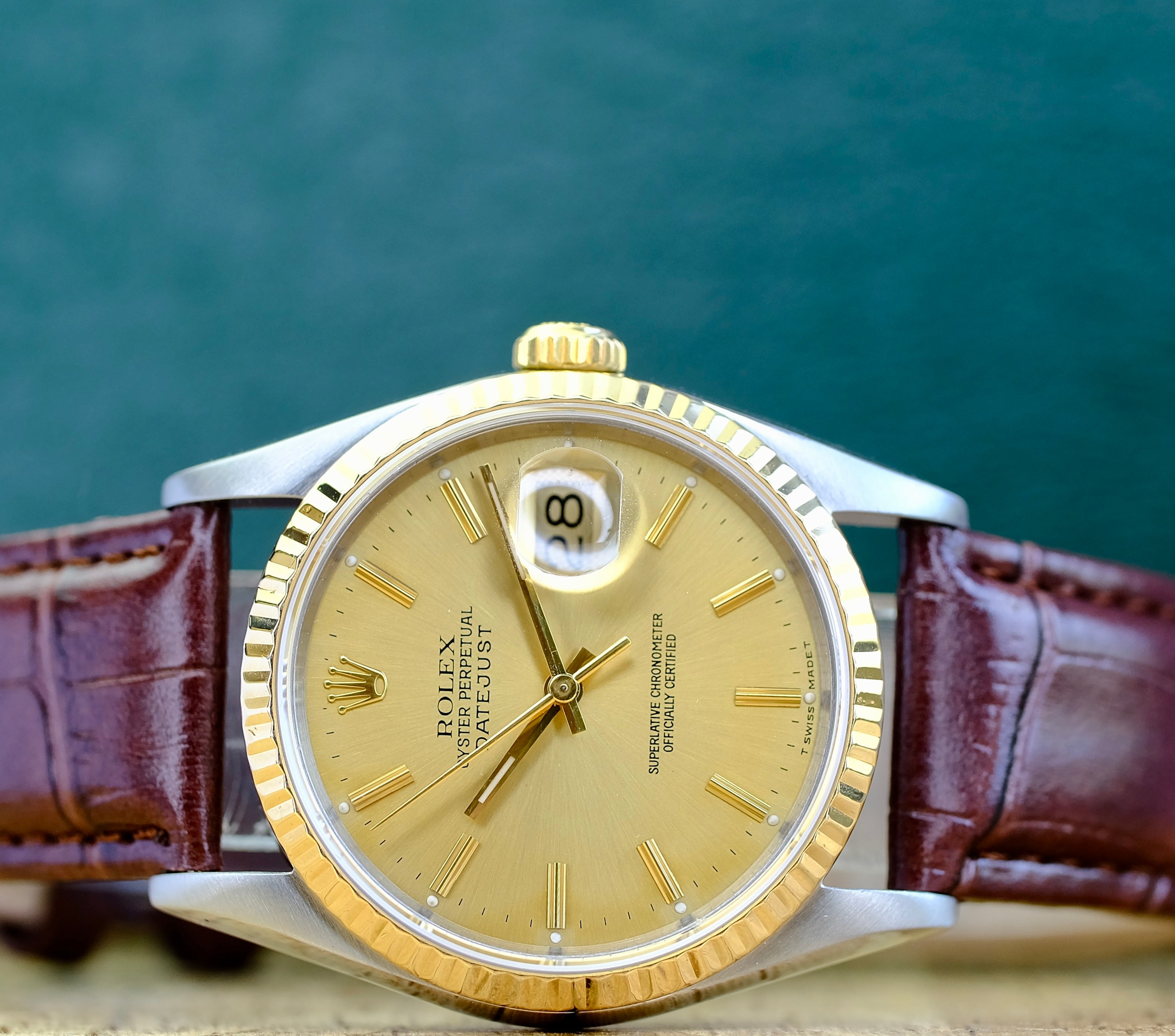 ROLEX DATEJUST CHAMPAGNE INDEX DIAL BROWN LEATHER WATCH 16233 - Luxuriant Concierge