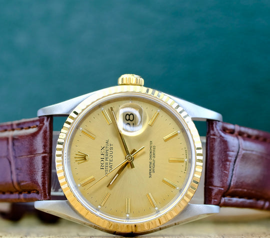 Rolex Datejust Champagne Index Brown Band 16233 w/ Box & Paper - Luxuriant Concierge