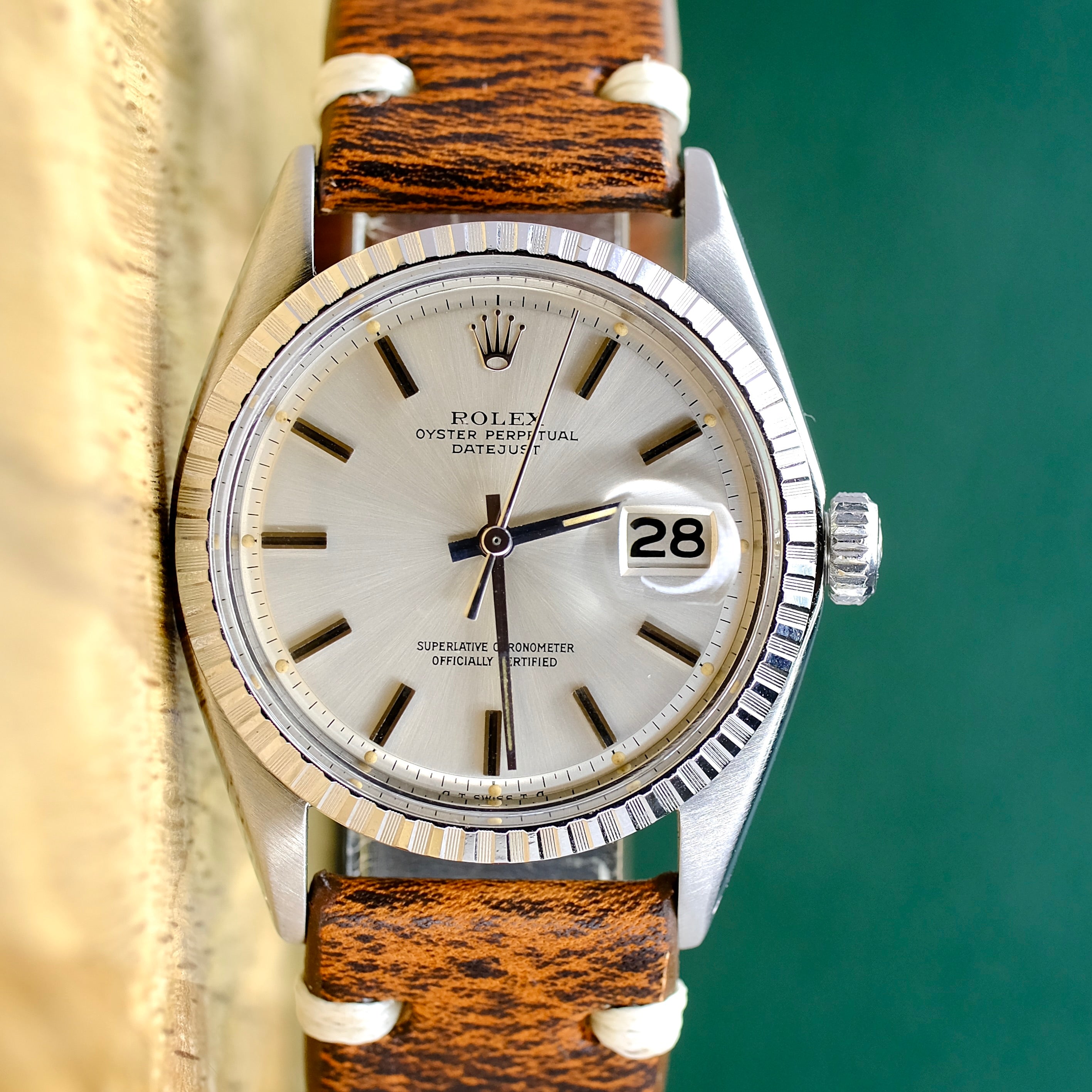 Rolex Datejust Silver Index Dial Brown Leather Strap 1601 - luxuriantconcierge