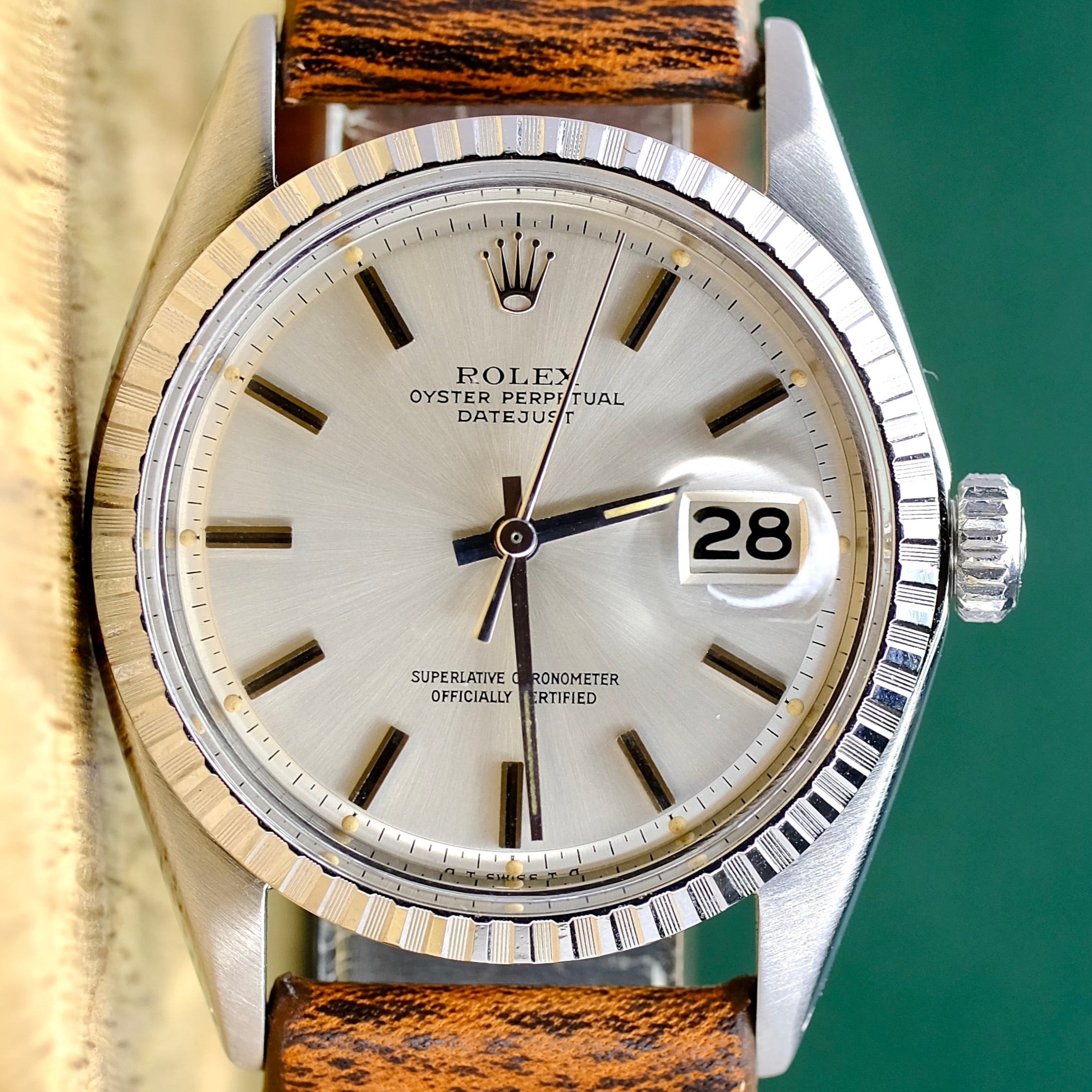 Rolex Datejust Silver Index Dial Brown Leather Strap 1601 - luxuriantconcierge