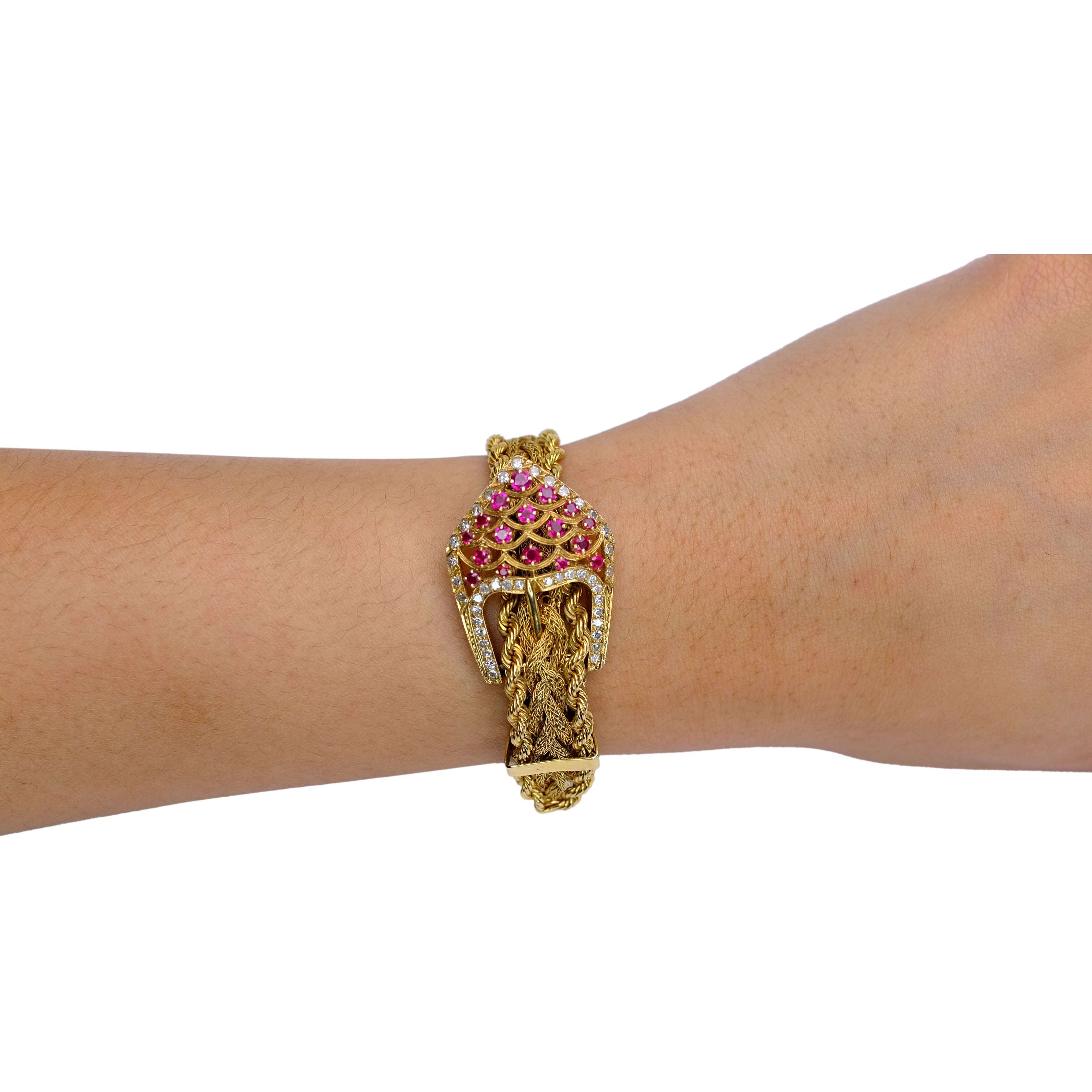 VINTAGE 14K YELLOW GOLD BELT BRACELET WITH GENUINE DIAMONDS AND RUBY - Luxuriant Concierge