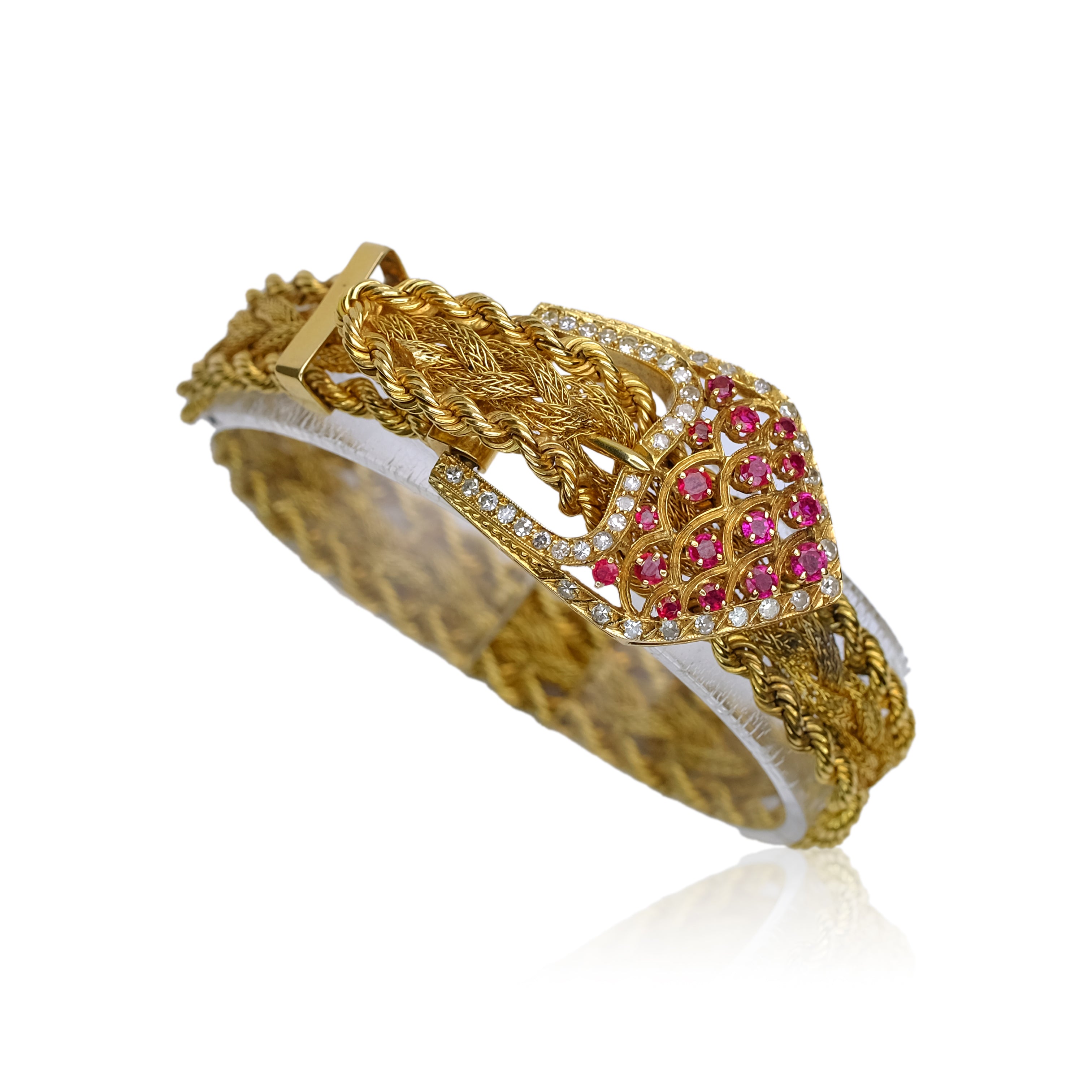 VINTAGE 14K YELLOW GOLD BELT BRACELET WITH GENUINE DIAMONDS AND RUBY - Luxuriant Concierge