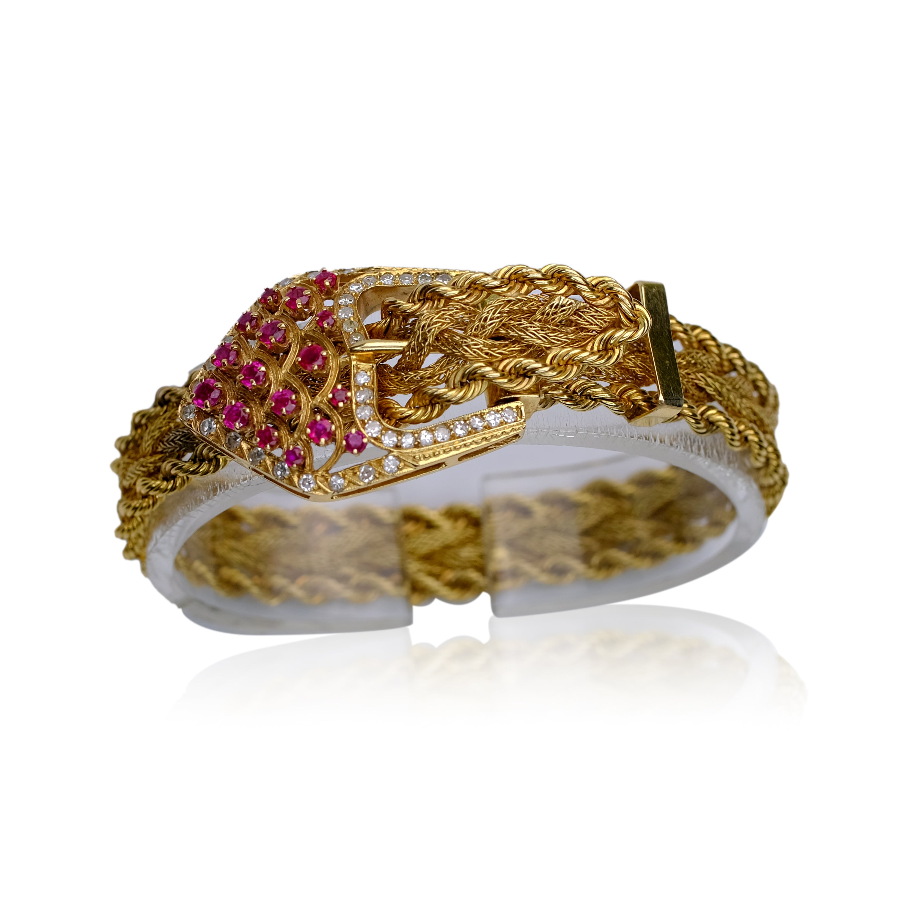 VINTAGE 14K YELLOW GOLD BELT BRACELET WITH GENUINE DIAMONDS AND RUBY - Luxuriant Concierge