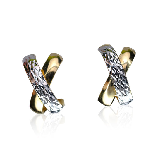 14K REAL YELLOW AND WHITE GOLD "X" EARRINGS DIAMOND CUT - Luxuriant Concierge
