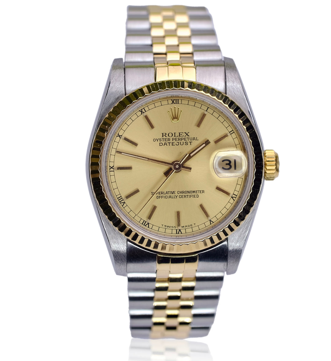 ROLEX DATEJUST MID-SIZE CHAMPAGNE INDEX DIAL 18K & SS JUBILEE WATCH 68273 - Luxuriant Concierge