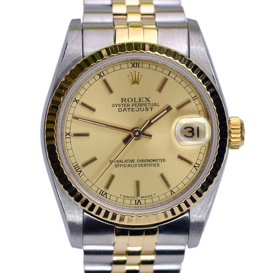 ROLEX DATEJUST MID-SIZE CHAMPAGNE INDEX DIAL 18K & SS JUBILEE WATCH 68273 - Luxuriant Concierge