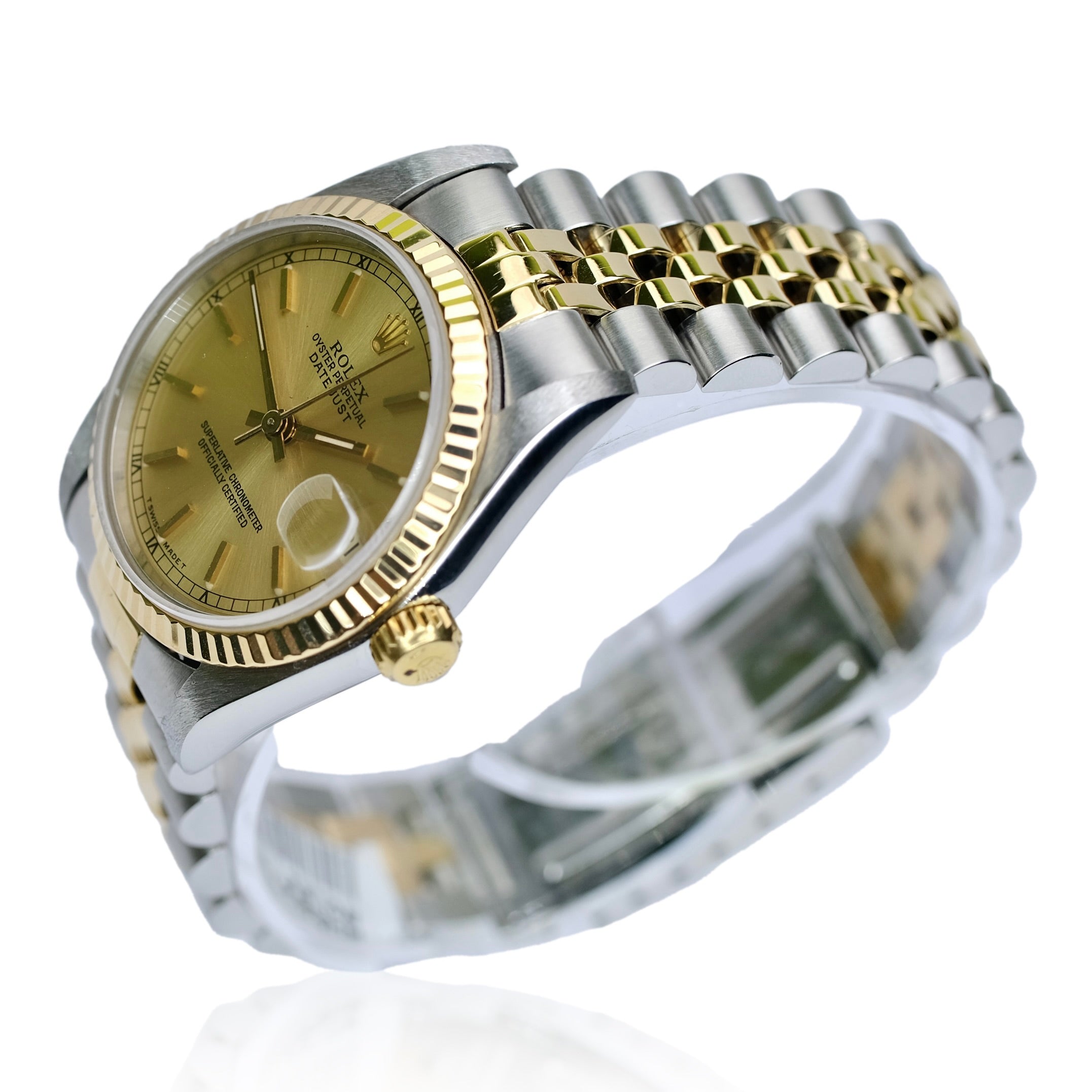 ROLEX DATEJUST MID-SIZE CHAMPAGNE INDEX DIAL 18K & SS JUBILEE WATCH 68273 - Luxuriant Concierge