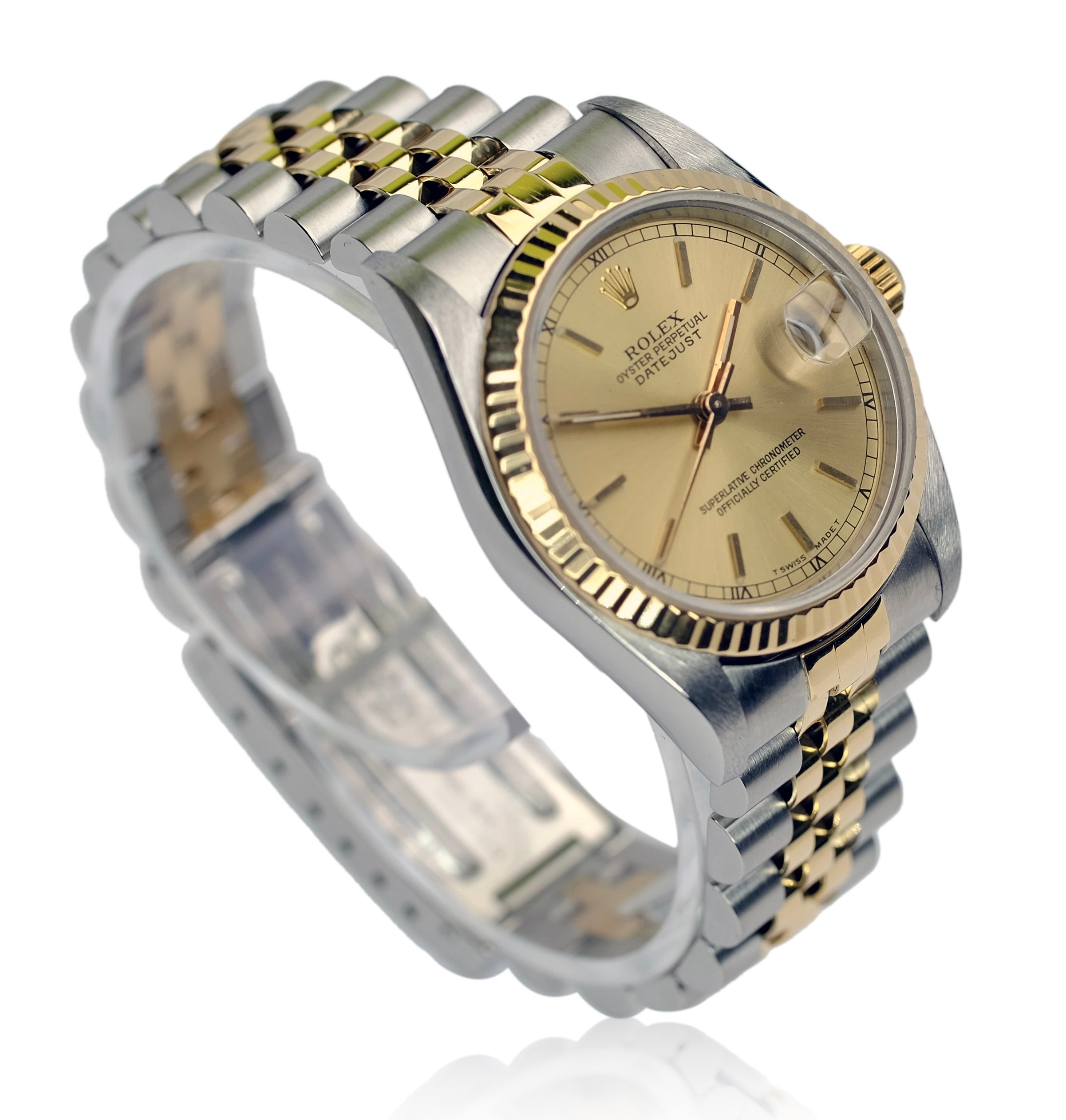 ROLEX DATEJUST MID-SIZE CHAMPAGNE INDEX DIAL 18K & SS JUBILEE WATCH 68273 - Luxuriant Concierge