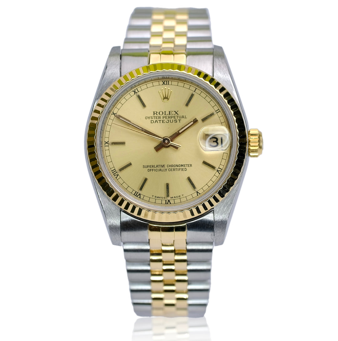 ROLEX DATEJUST MID-SIZE CHAMPAGNE INDEX DIAL 18K & SS JUBILEE WATCH 68273 - Luxuriant Concierge