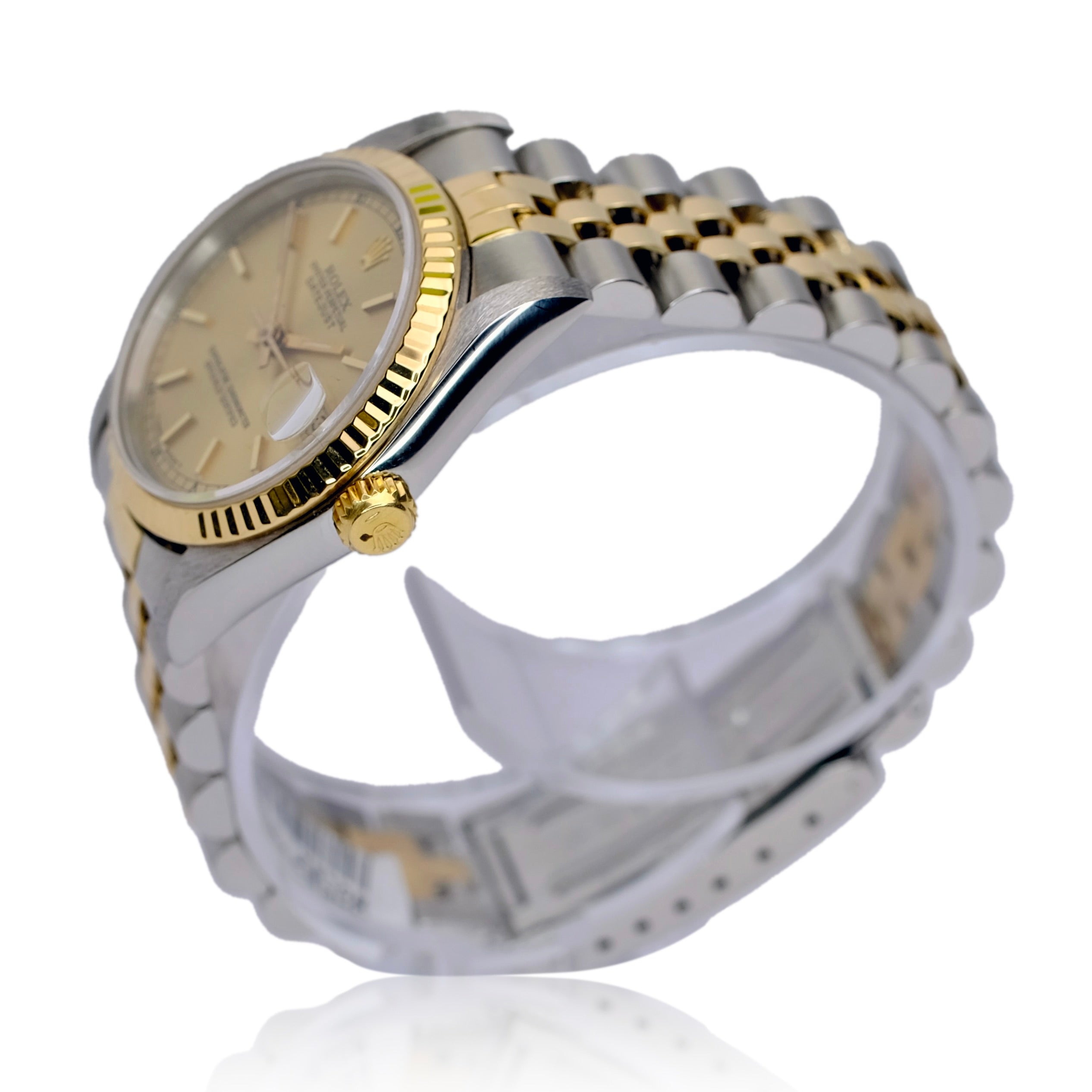 ROLEX DATEJUST MID-SIZE CHAMPAGNE INDEX DIAL 18K & SS JUBILEE WATCH 68273 - Luxuriant Concierge