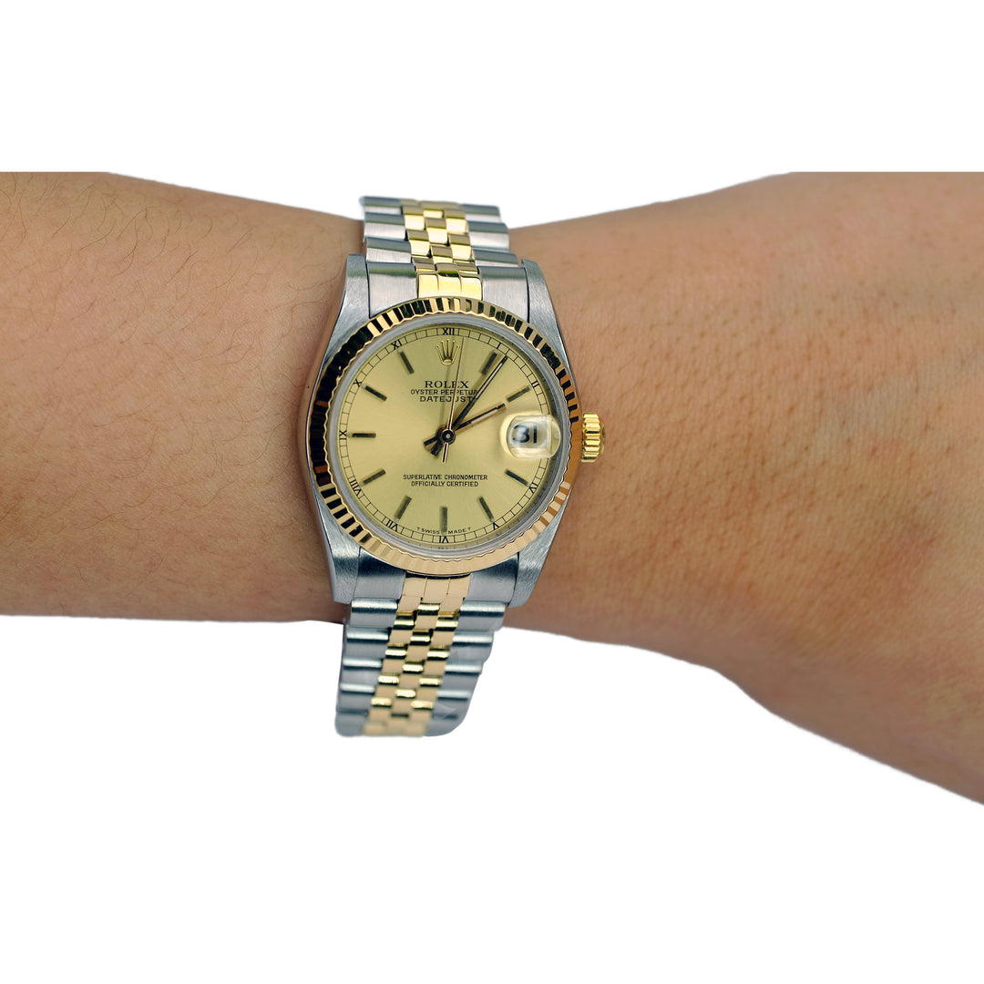 ROLEX DATEJUST MID-SIZE CHAMPAGNE INDEX DIAL 18K & SS JUBILEE WATCH 68273 - Luxuriant Concierge