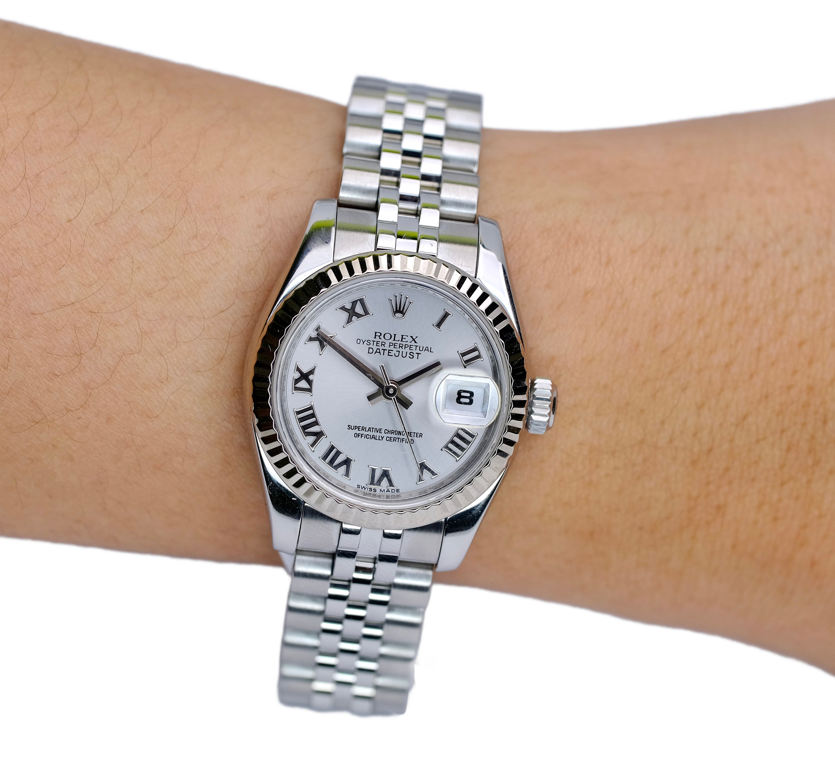 ROLEX DATEJUST SILVER ROMAN DIAL 18KW & SS JUBILEE WATCH 179174 - Luxuriant Concierge