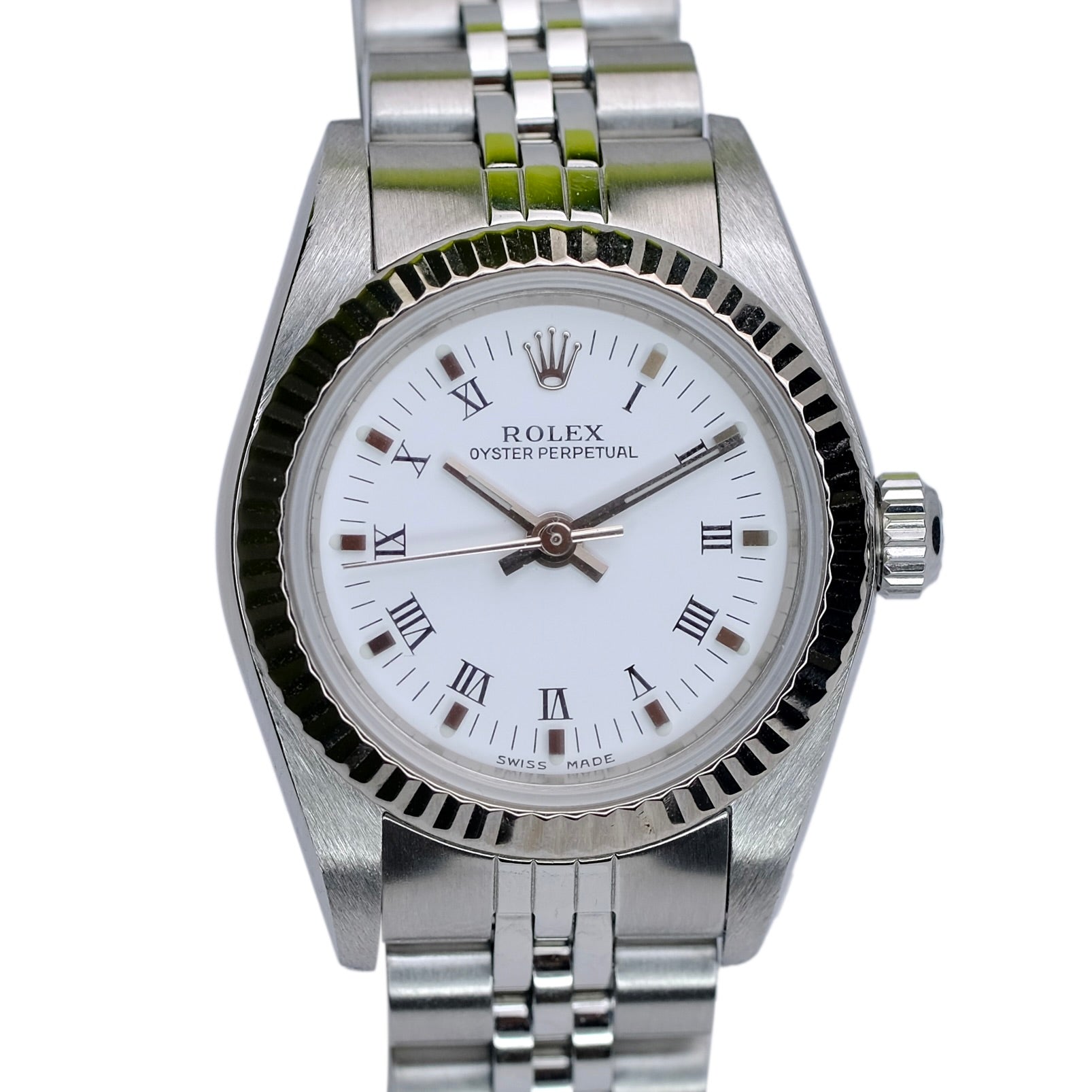 ROLEX OYSTER PERPETUAL WHITE ROMAN DIAL 18KW & SS JUBILEE WATCH 76094 - Luxuriant Concierge