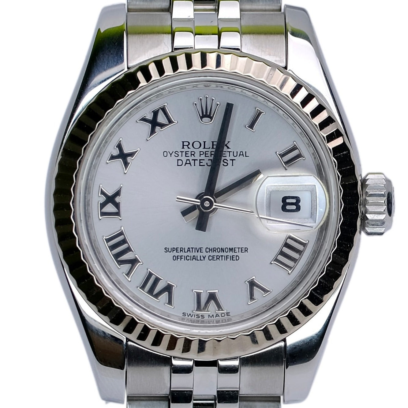 ROLEX DATEJUST SILVER ROMAN DIAL 18KW & SS JUBILEE WATCH 179174 - Luxuriant Concierge