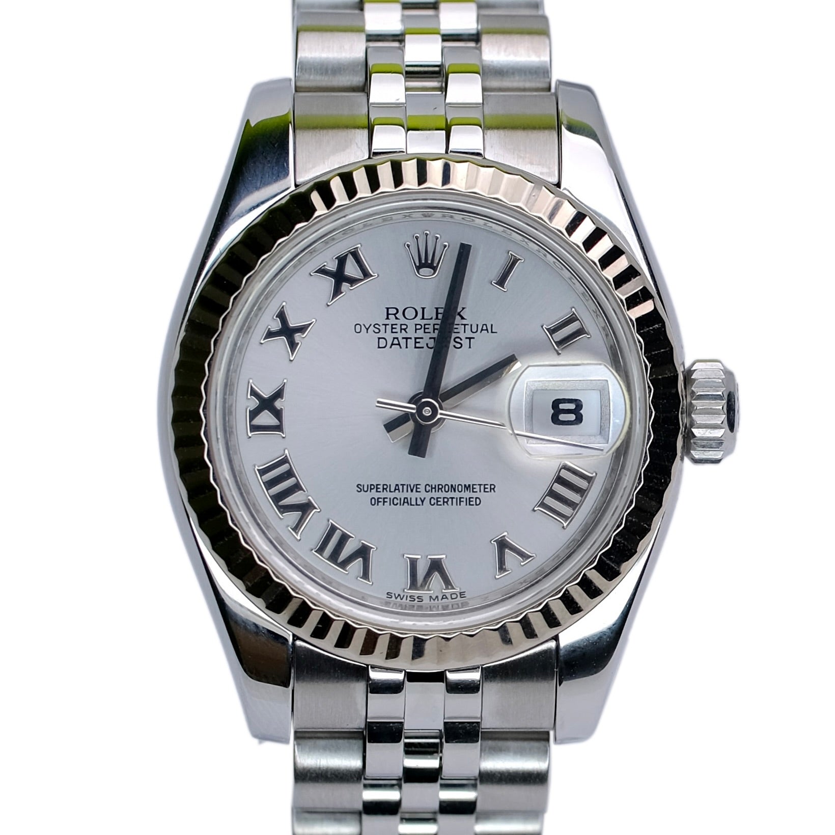 ROLEX DATEJUST SILVER ROMAN DIAL 18KW & SS JUBILEE WATCH 179174 - Luxuriant Concierge