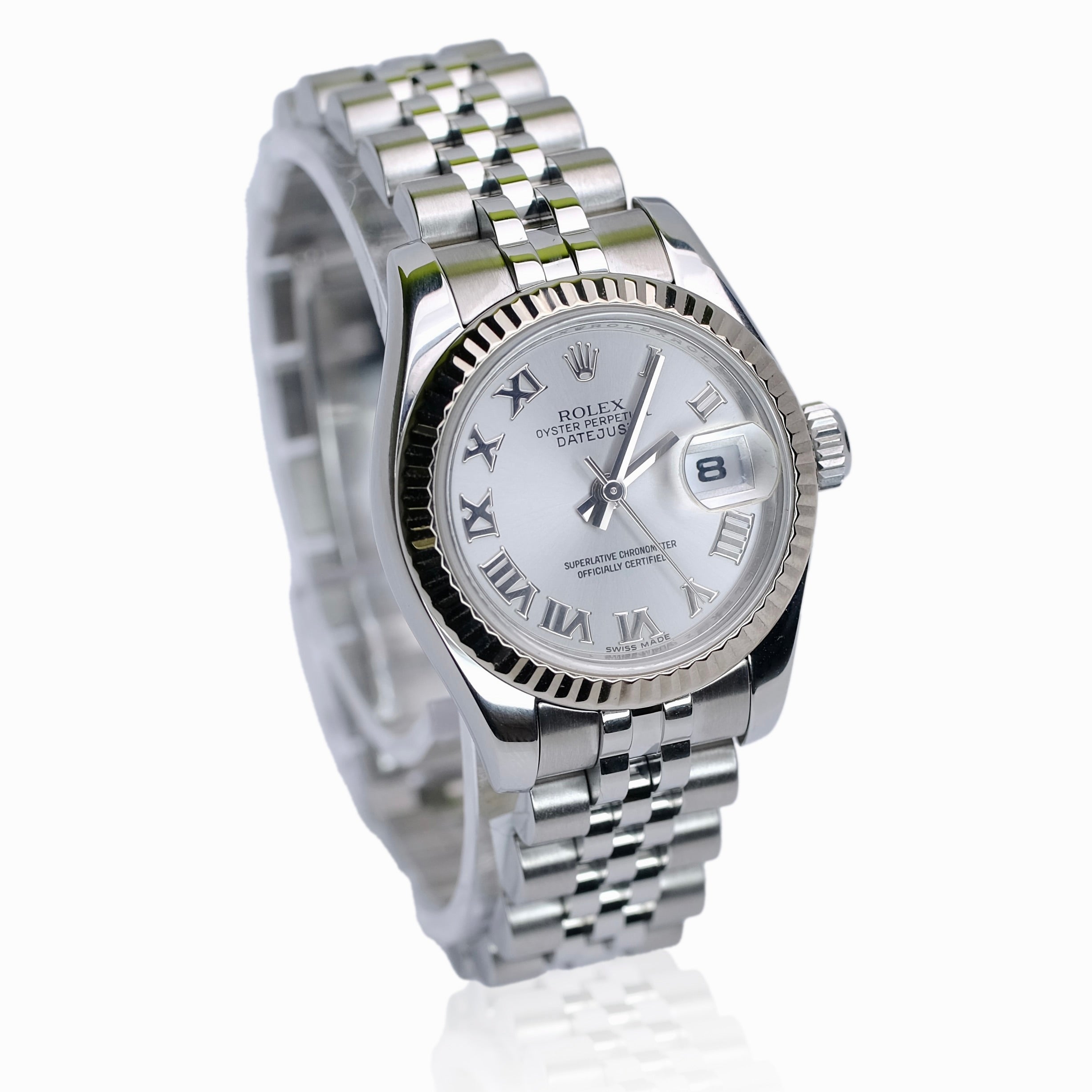 ROLEX DATEJUST SILVER ROMAN DIAL 18KW & SS JUBILEE WATCH 179174 - Luxuriant Concierge