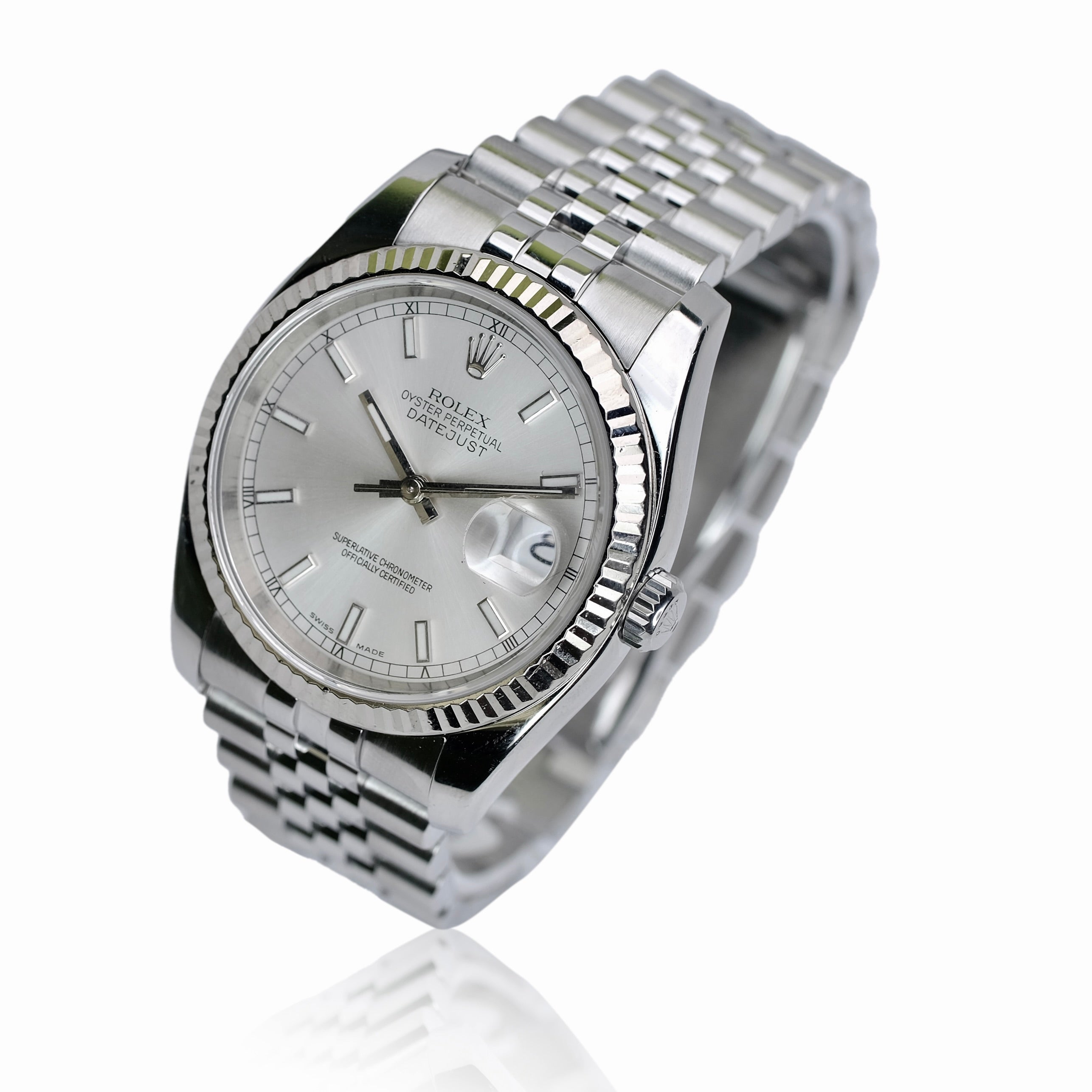 ROLEX DATEJUST SILVER INDEX DIAL STEEL JUBILEE WATCH 116234 W/ PAPER - Luxuriant Concierge