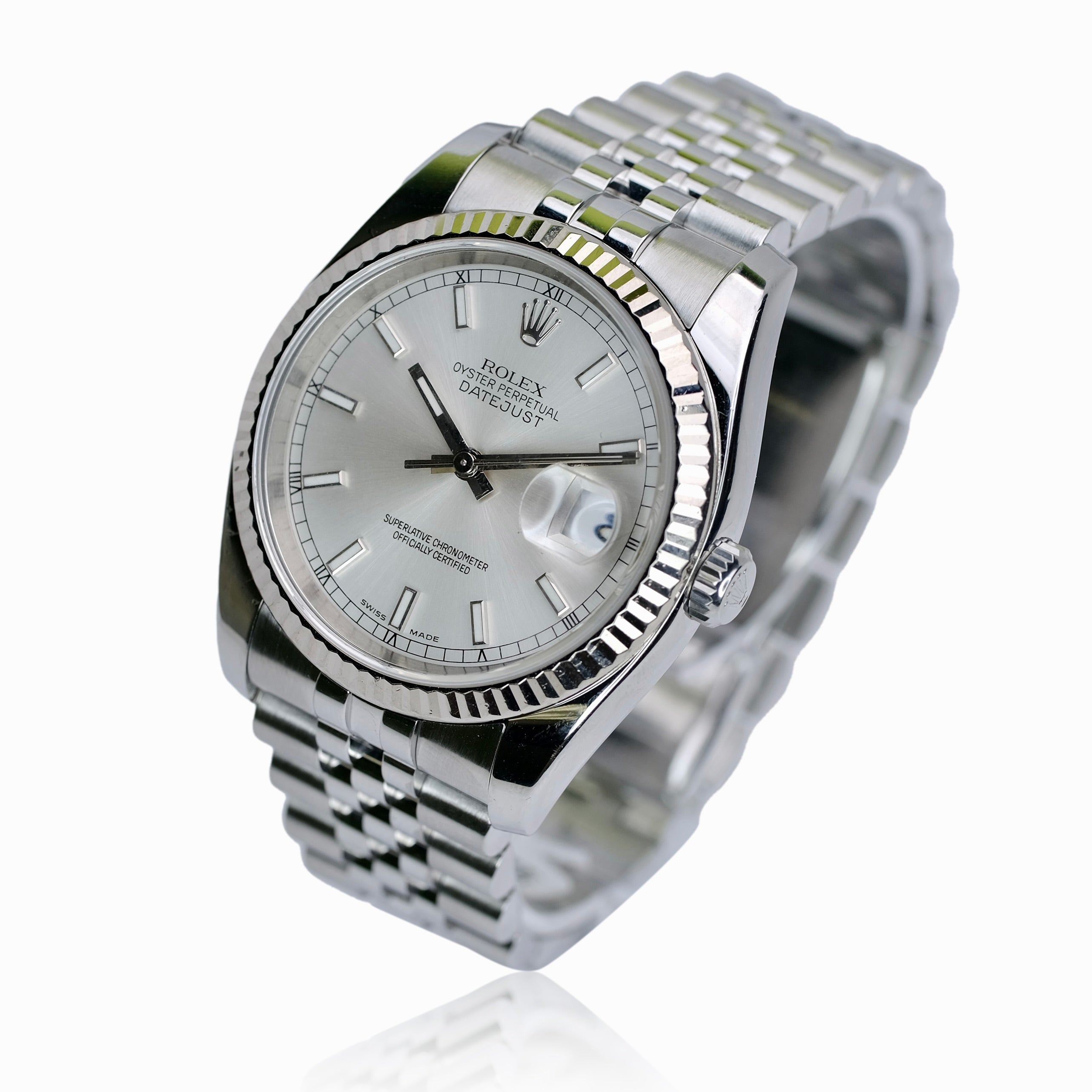 ROLEX DATEJUST SILVER INDEX DIAL STEEL JUBILEE WATCH 116234 W/ PAPER - Luxuriant Concierge